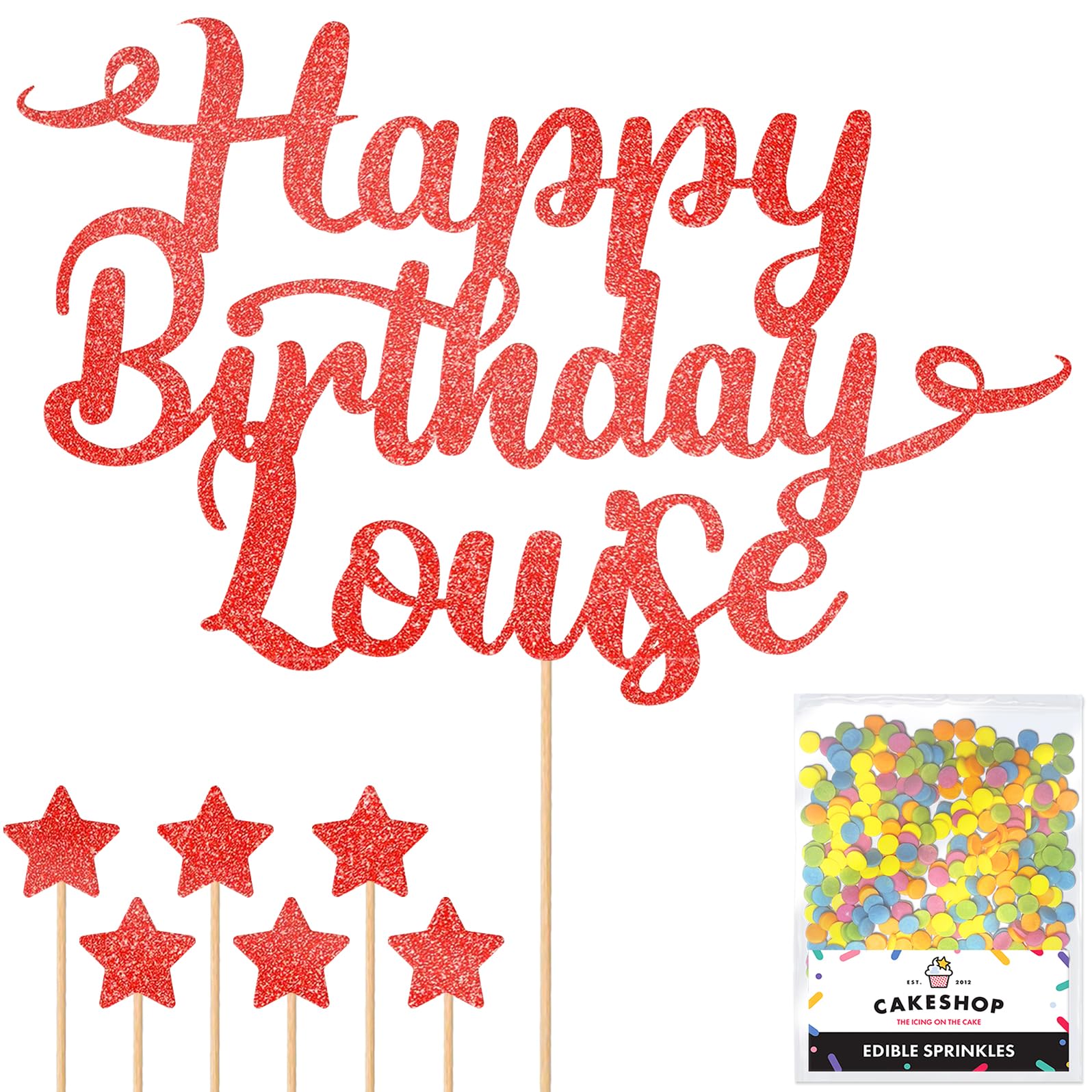 Personalised Happy Birthday Glitter Cake Topper - Red Any Name Glitter Cake Decoration and Sprinkles - Happy Birthday Decorations - Personalised Toppers for Cakes by Cakeshop