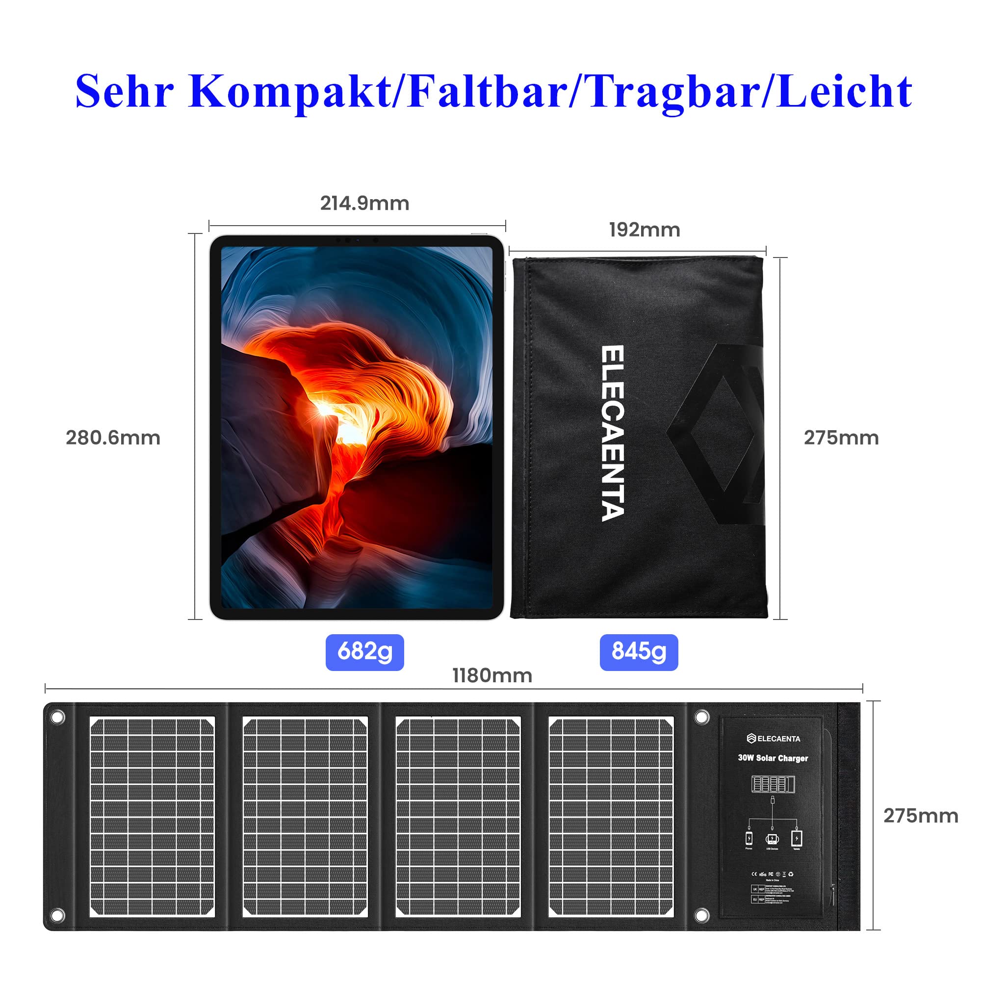 ELECAENTA 30W ETFE Przenośna Ładowarka Solarna 3 Porty USB PD18W QC3.0 USB-C Zamek Panel Słoneczny Przenośny Zestaw Paneli Słonecznych Wodoodporny dla Telefonów Komórkowych Smartfonów Tablet Powerbank