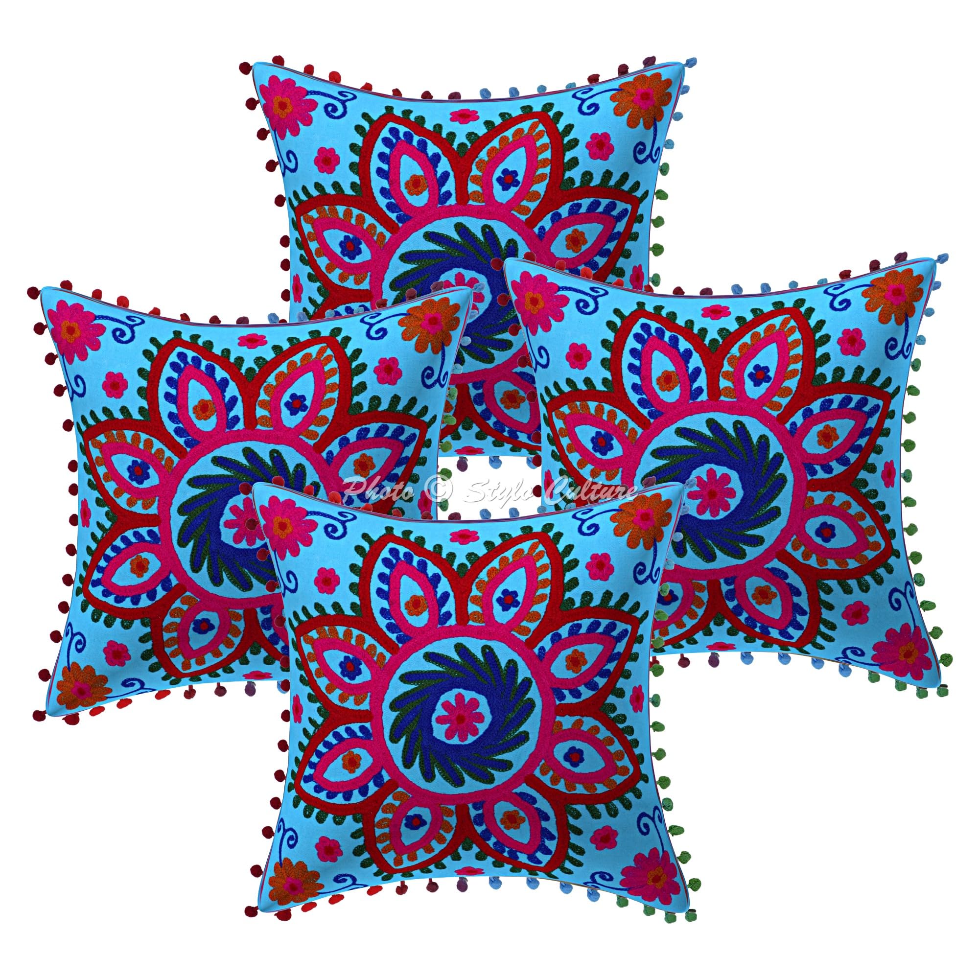 Ethnisch Dekorativ Baumwolle Sofa Kissenbezüge 40x40 cm Türkis Dekokissen Suzani Bestickte Pom-Pom-Spitze Wohnzimmer Couch Kissenhullen Blumen Quadrat Kissen Bezüge - 4 STK.