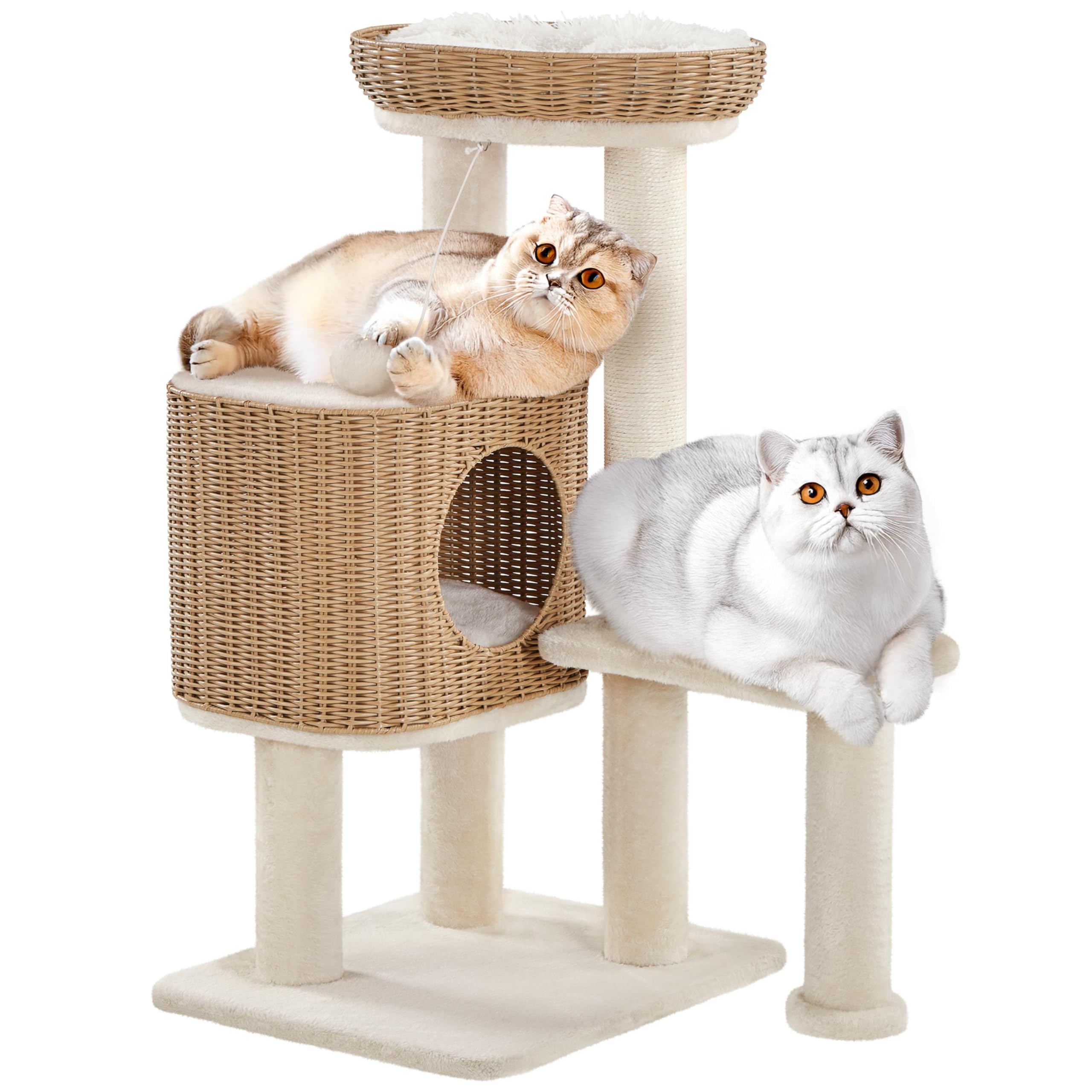 Yaheetech Árbol Rascador para Gatos Ratán Tejido a Mano 91cm Beige | Para Gatos Grandes,Cojines Lavables,Fácil montaje,Duradero, Estabilidad,Perca ancha,multifuncional,Bola colgante sustituible
