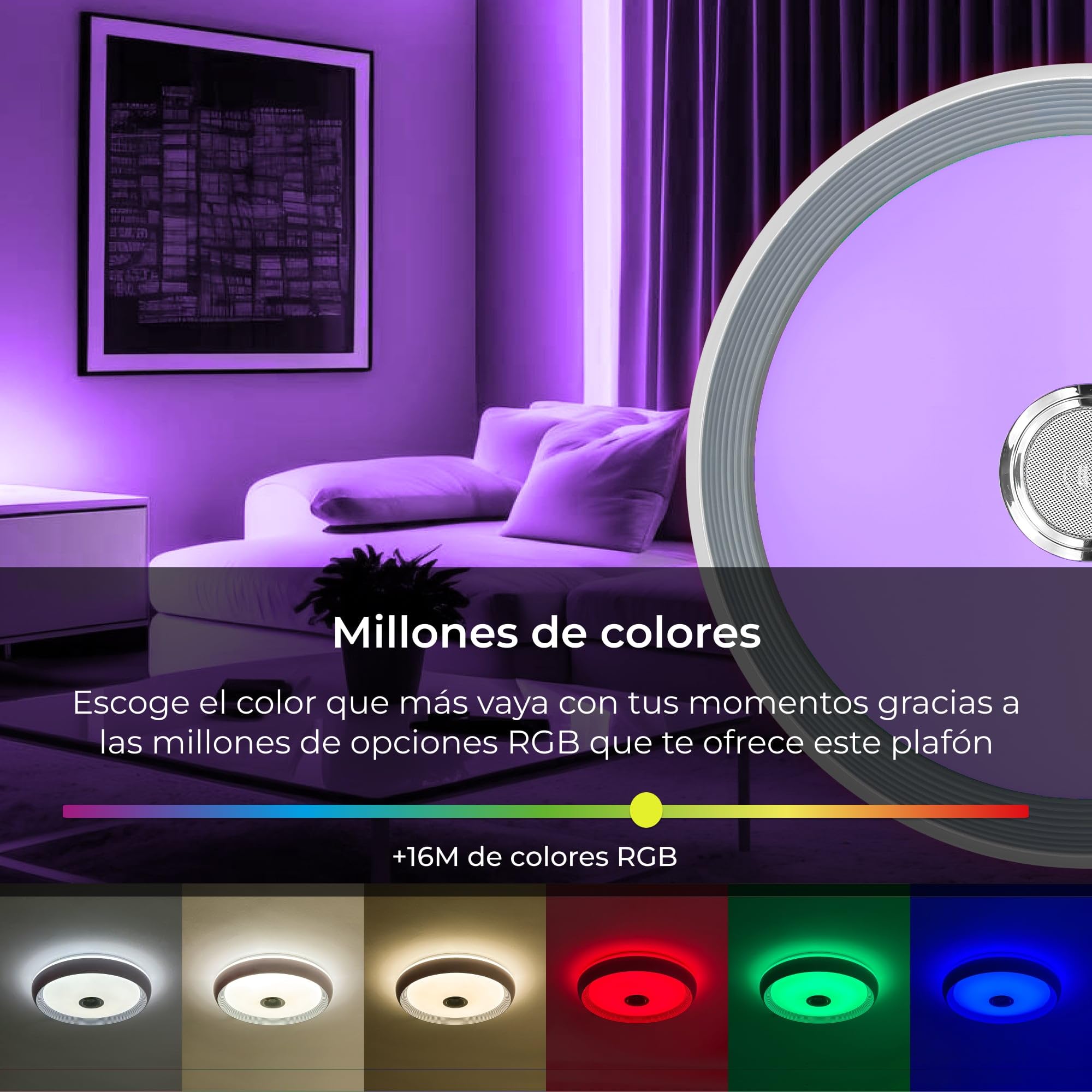 KSIX Glory Plafón Led Inteligente Techo con Altavoz, Color regulable RGB, 6200 lm, Ø47cm, Luz Controlable con Mando a Distancia y App, para Cocina Dormitorio o Infantil, Resiste polvo y salpicaduras