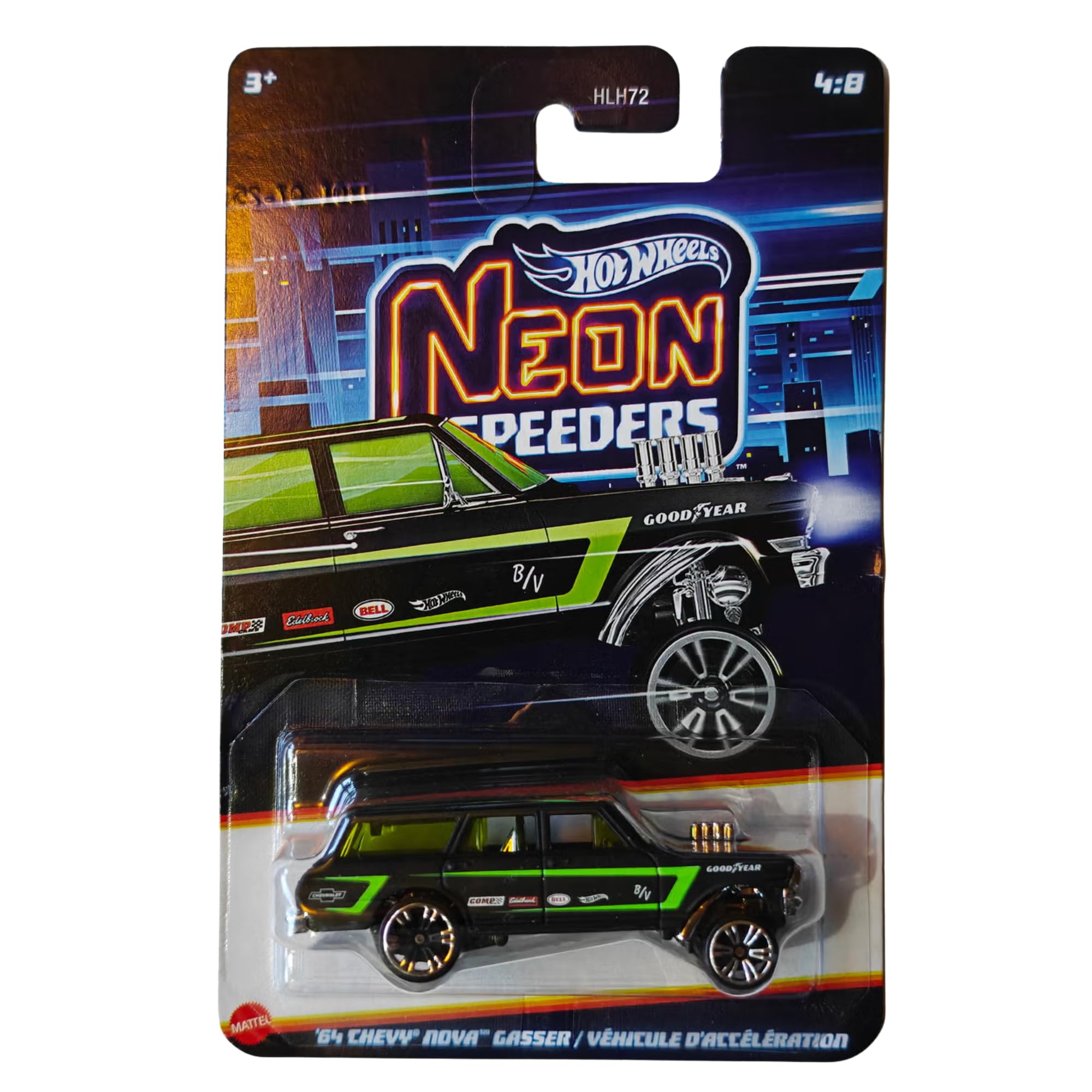 Hot Wheels 1:64 Scale Cars, Racecars, Trucks & Bikes - (Neon Speeders 64' Chevy Nova Gasser - JKX96) — image 1