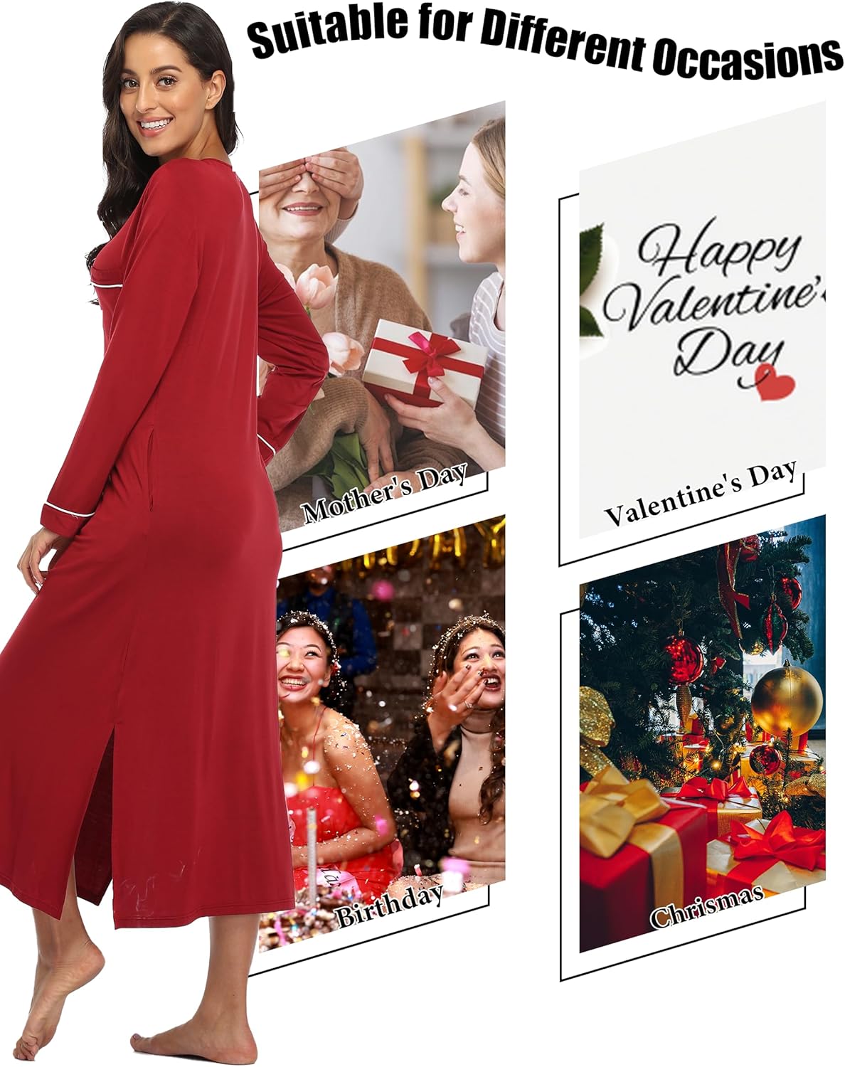 EA'S SECRET Nightgowns for Women Long Sleeve V Neck Nightshirts Soft Knit Sleepwear Full Length Loungewear with Pocket - Image 5