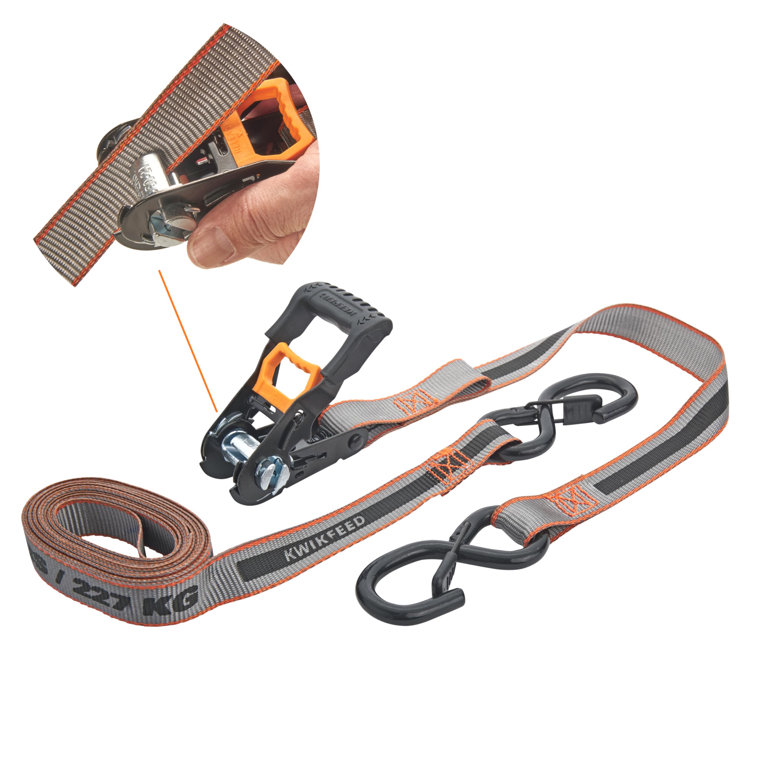 KwikFeed - Cinghie di fissaggio a cricchetto, carico e scarico rapidi, per moto, elettrodomestici, traslochi, carichi, 2,5 cm x 3,5 m, 226,8 kg WLL, fettuccia rinforzata, confezione da 2