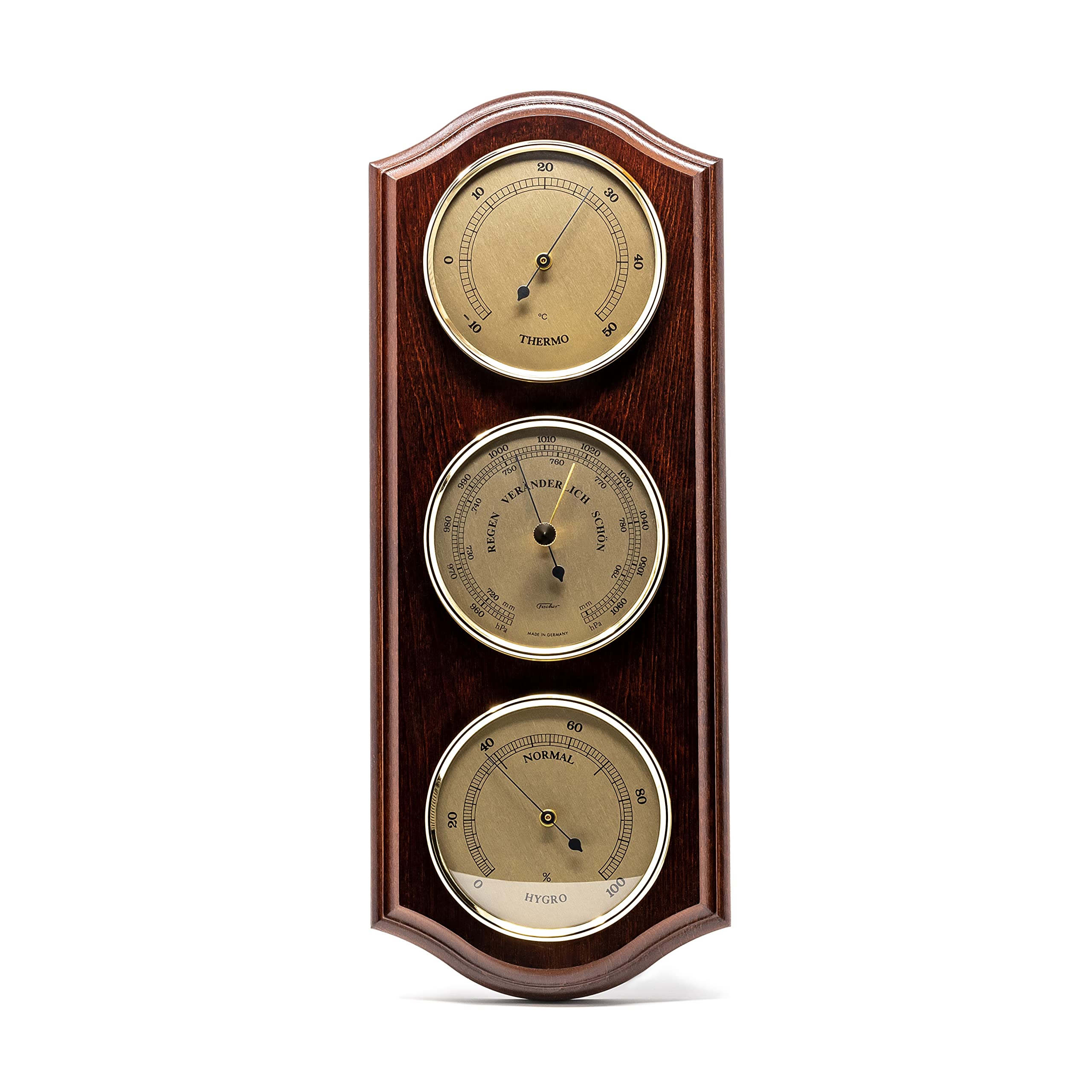 Fischer 9176-22 - Stazione meteo con termometro, barometro, igrometro, cassa in vero legno, made in Germany