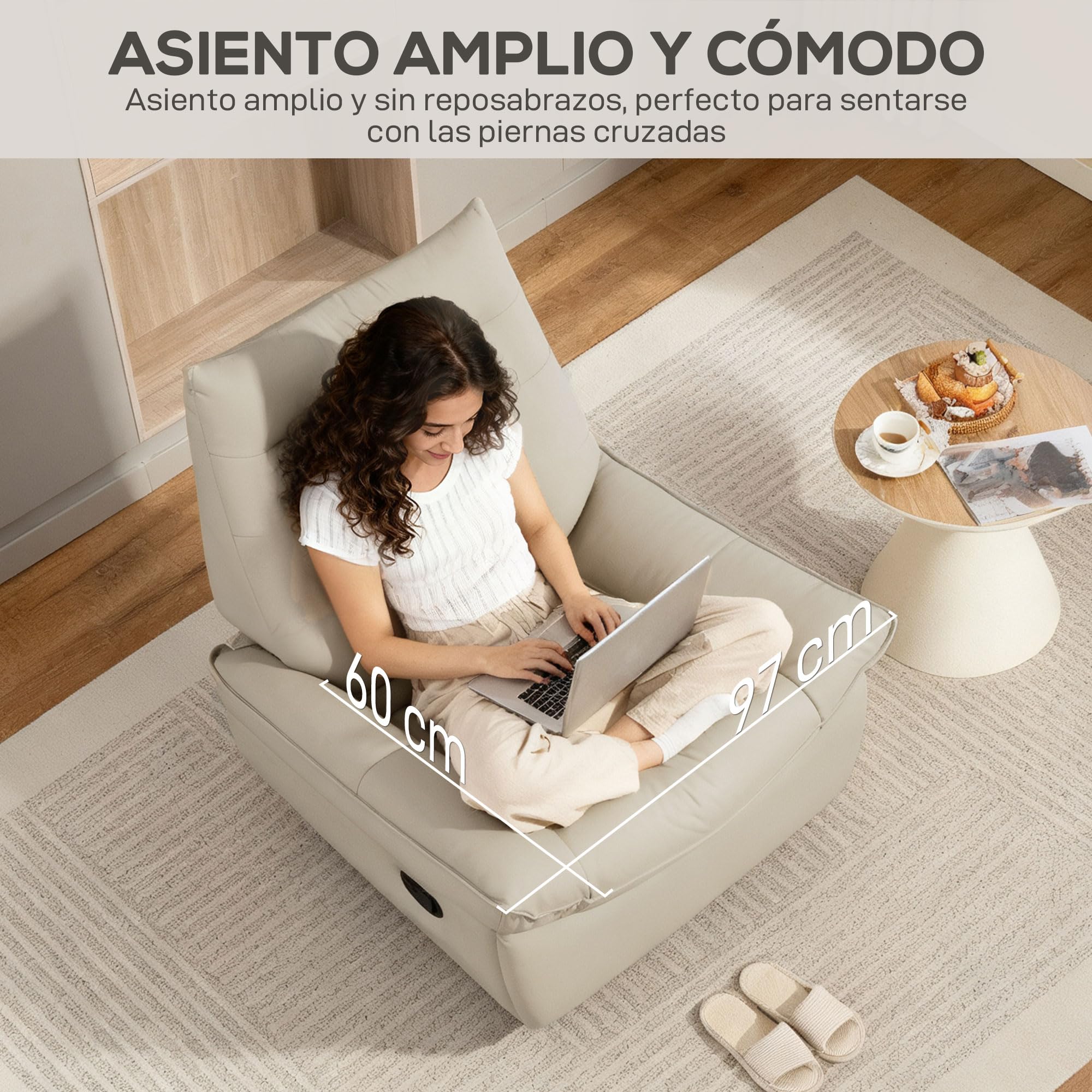 HOMCOM Sillón Relax Reclinable Manual 3 en 1 Giratorio Balancín Crema | Tapizado en PU, Reposapiés, Asiento Amplio, Acolchado Grueso, Butaca Reclinable Hasta 135º