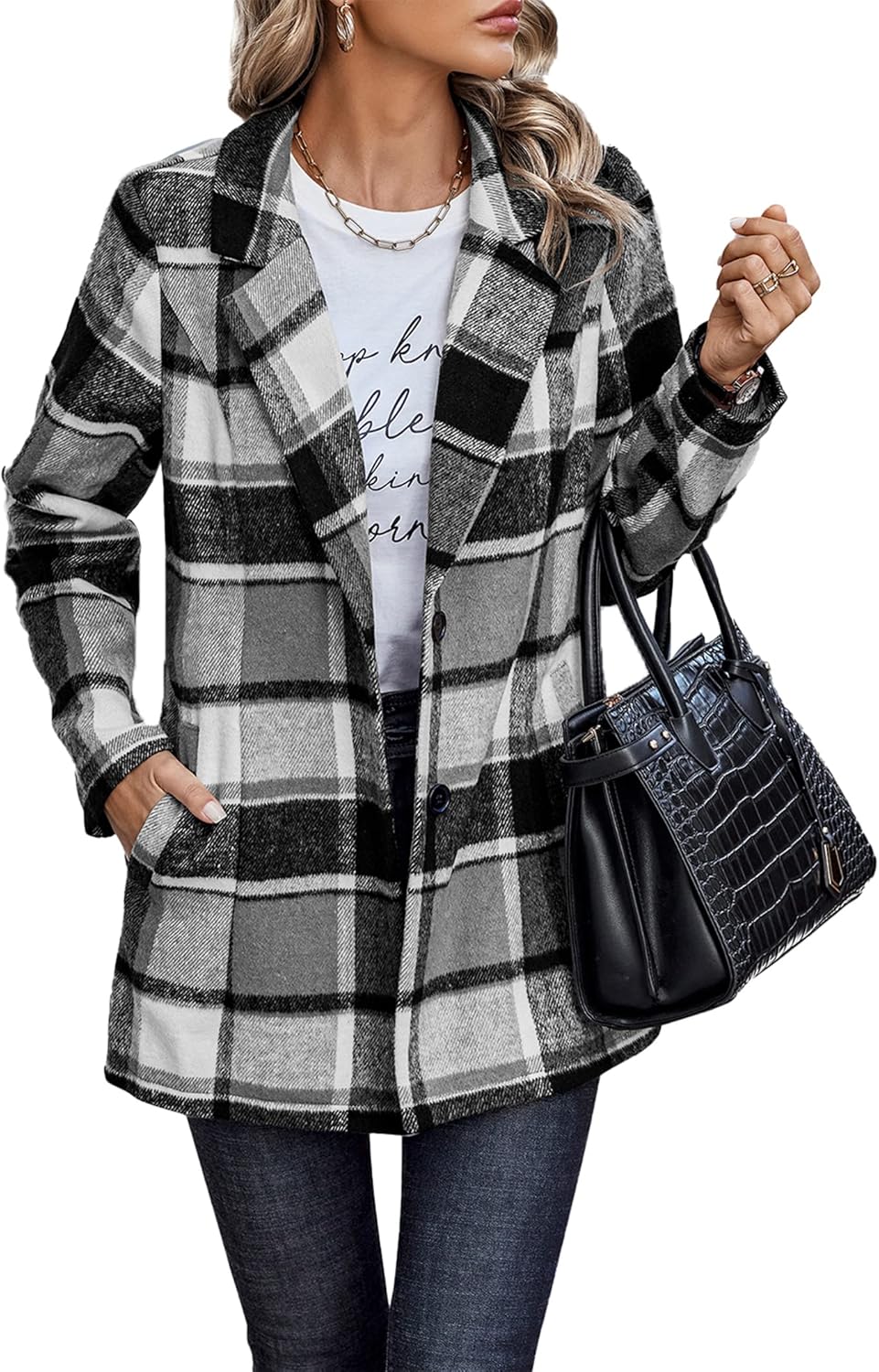 PRETTYGARDEN Women Plaid Shacket Jacket Trendy Fall Casual Button Wool Blend Tartan Trench Coat Winter Clothing with Pockets