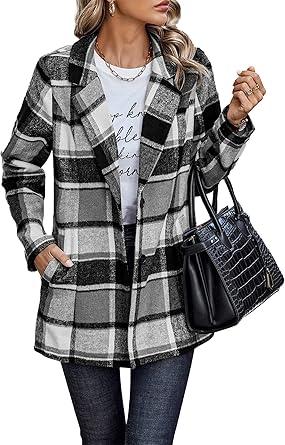 PRETTYGARDEN Women Plaid Shacket Jacket Trendy Fall Casual Button Wool Blend Tartan Trench Coat Winter Clothing with Pockets
