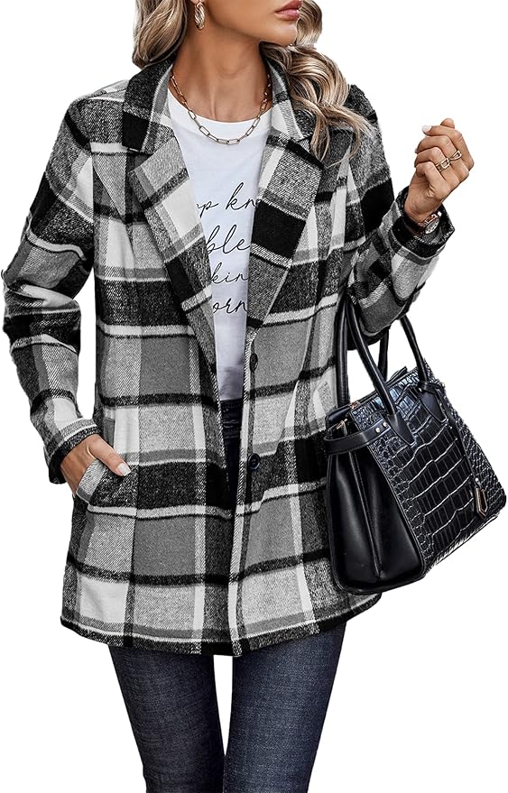 PRETTYGARDEN Women Plaid Shacket Jacket Trendy Fall Casual Button Wool Blend Tartan Trench Coat Winter Clothing with Pockets