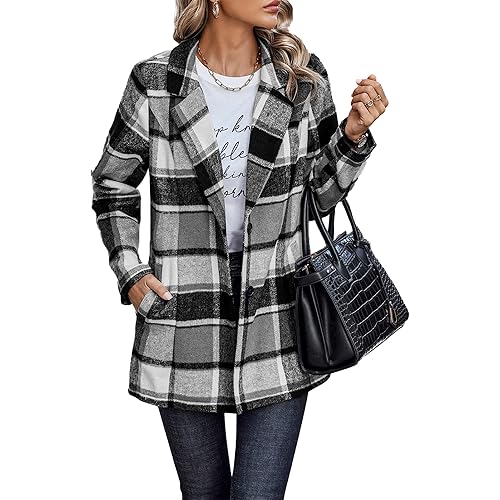 PRETTYGARDEN Women Plaid Shacket Jacket Trendy Fall Casual Button Wool Blend Tartan Trench Coat Winter Clothing with Pockets