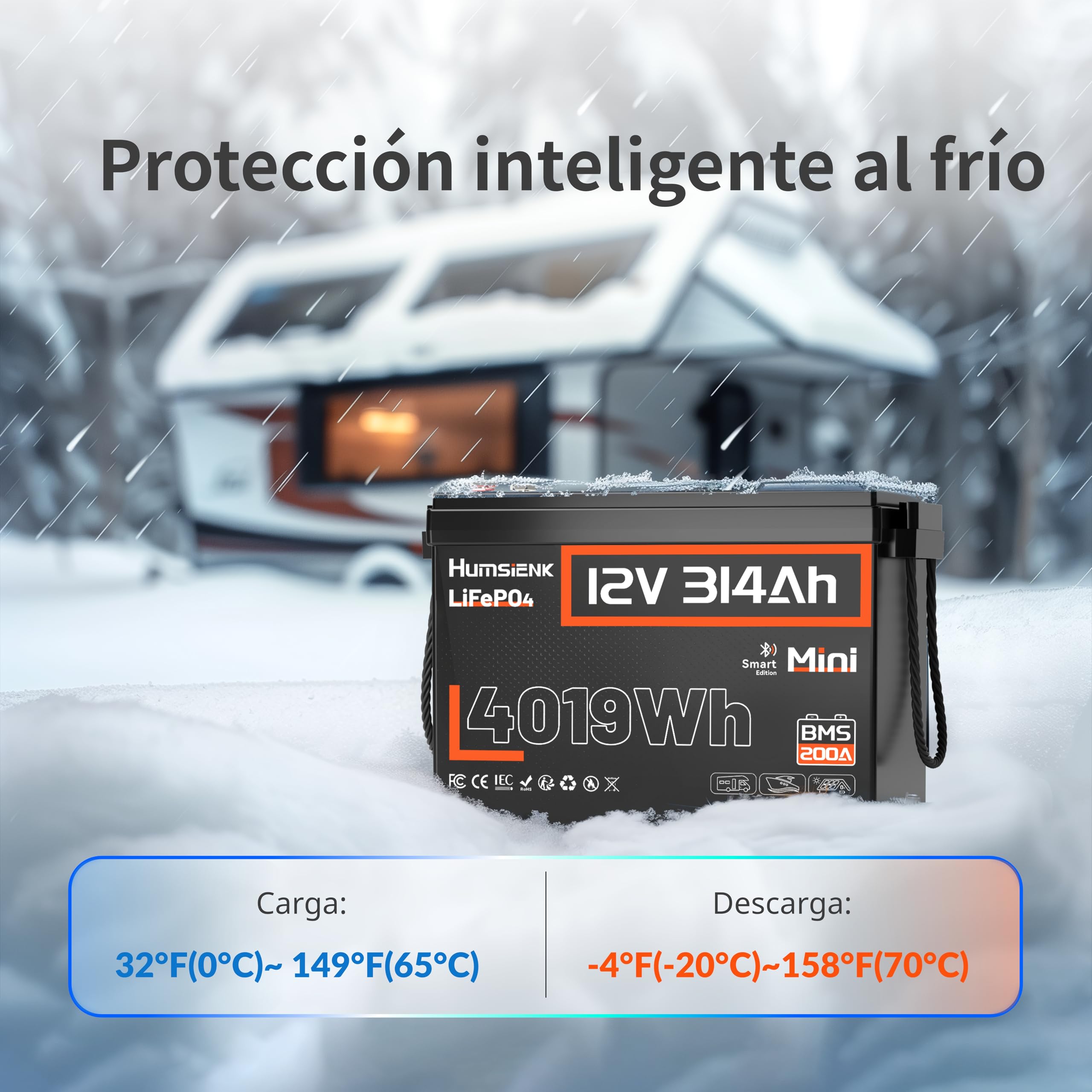Humsienk Batería Litio LiFePO4 12V 314Ah con Bluetooth, 4019Wh, 200A BMS con Protección de Baja Temperatura, hasta 6000 Ciclos, Batería Recargable para Autocaravana, Barco, Placa Solar y Caravana