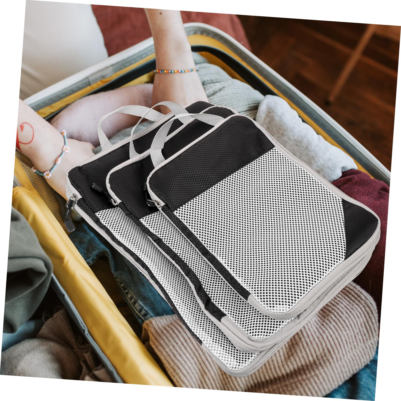 4pezzi Borse Organizer Valigia Compressione e Maniglie Nero per Viaggi Professionali e Tempo Libero