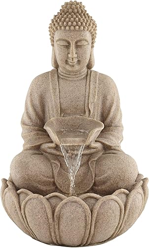 Calm Buddha - Fuente de suelo asiática de 22 pulgadas de alto para interiores y exteriores, fuente de suelo de piedra de arena con luz LED de pie,