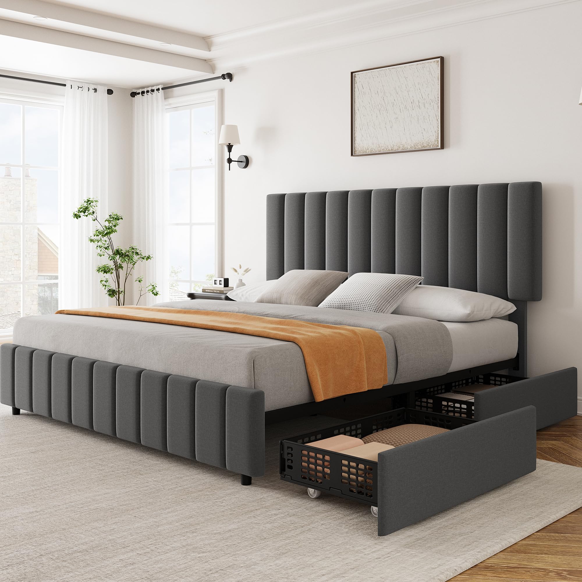 Garvee King Size Bed Frame with 4 Storage Drawers, Adjustable Height Headboard, Linen Upholstered Platform Bed Frame, No Box Spring Needed, Easy
