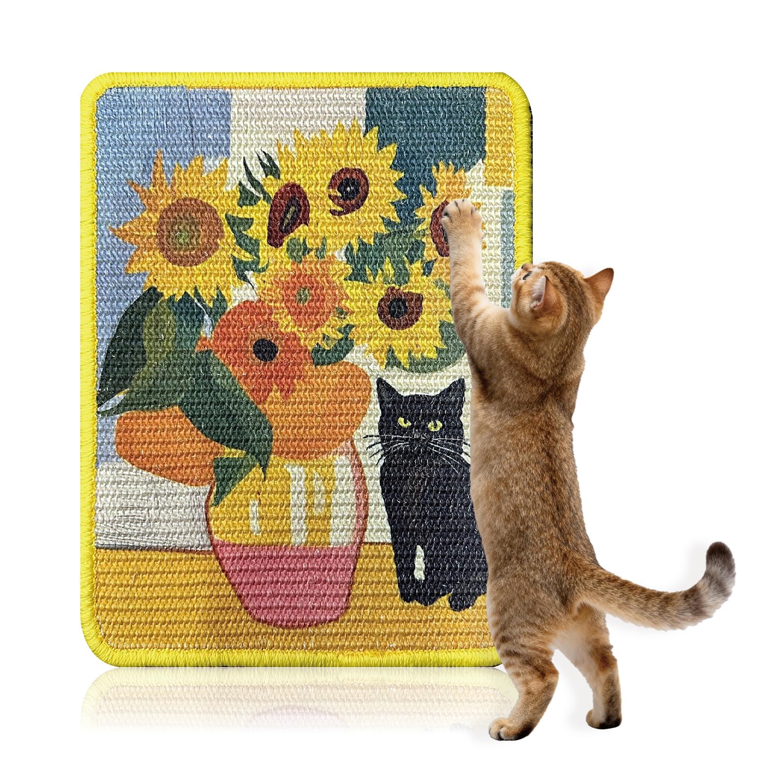 3-in-1 Sisal Cat Scratcher Mat 15x12 Inch – Art Cat Wall Scratcher with Adhesive Tape for Indoor Cats, Durable Wall Mounted Cat Scratch Pad to Protect Couch and Carpet (Sunflowers)