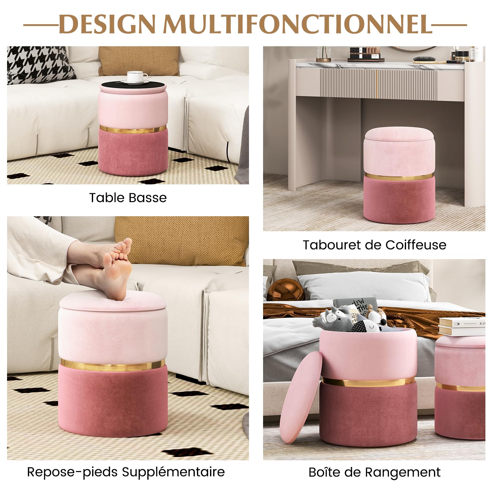 COSTWAY Lot de 2 Poufs Rangement en Tissu Lin, Pouf Coiffeuse Empilable, Garniture Argentée, Coussinets Antidérapants, Siège Rembourré, Tabouret Rond pour Coiffeuse Chambre Salon (Rose)