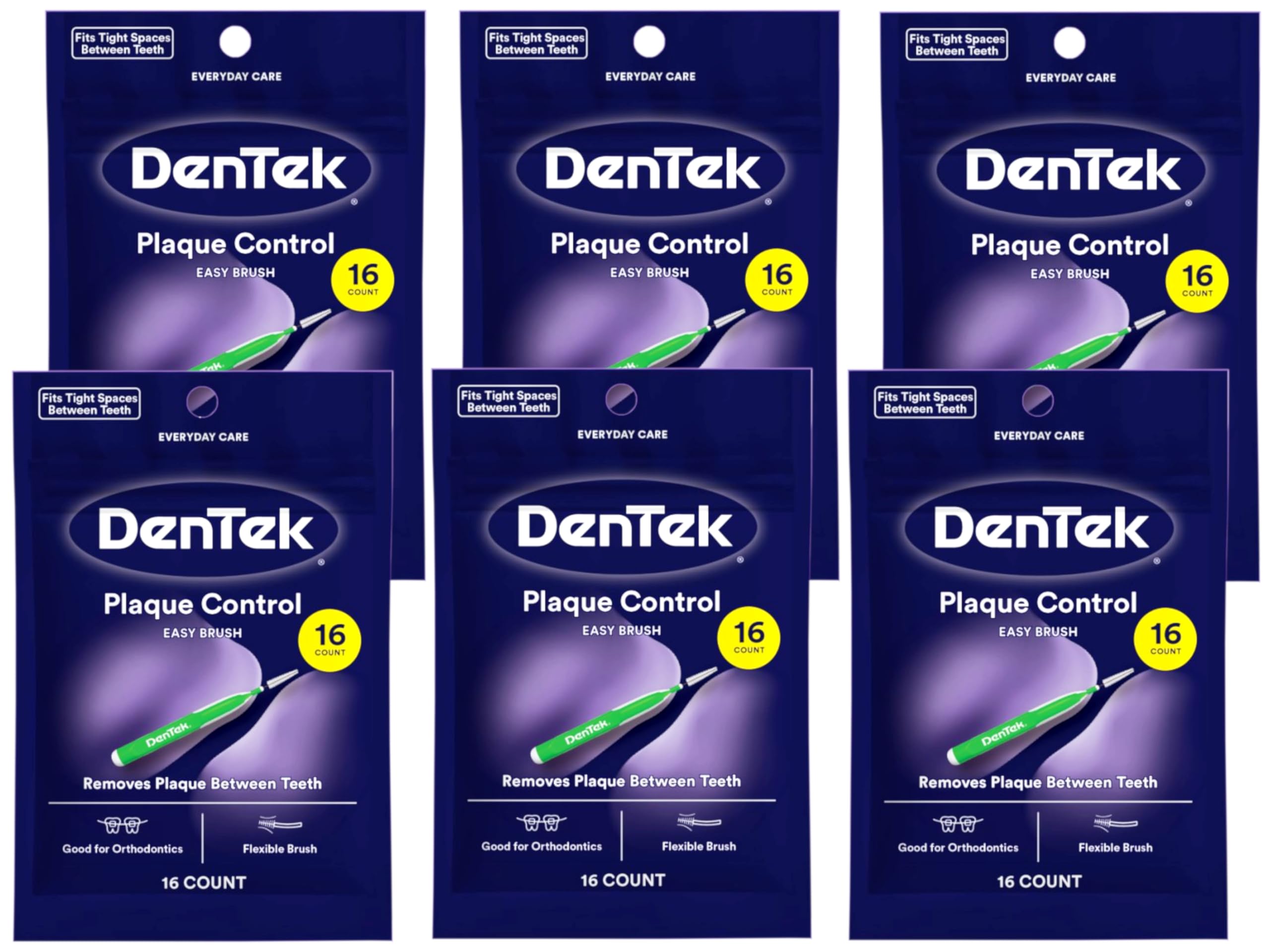 DenTek Easy Brush Interdental Cleaners, Extra Tight Between Teeth Brushes, Plaque Control, Dental Picks for Oral Care, Flexible Brush, 16 Count (Pack of 6)