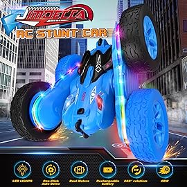 Jimdella Remote Control Car,RC Cars with Sides Light Strip and Headlights,Double Sided 360 Flips Rotating RC Stunt Car,2.4Ghz All Terrain Toys for Ages 4-8 Kids Toy for Boys Birthday Gift(Blue)