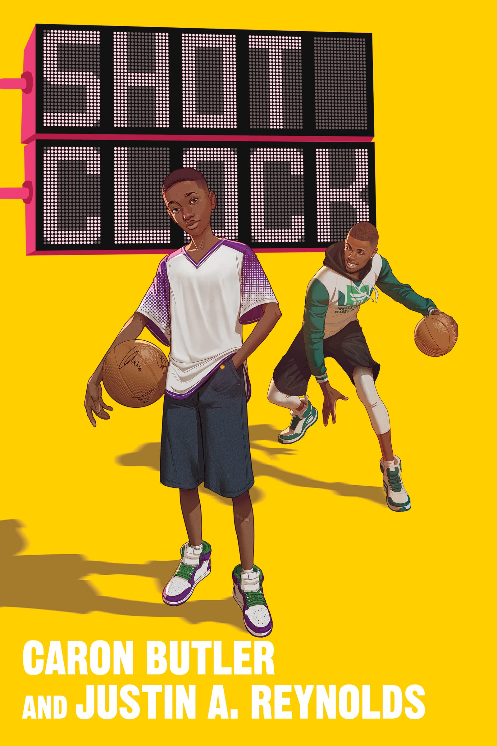 Book cover for Shot Clock, featuring two young basketball players and the title in a digital scoreboard style.