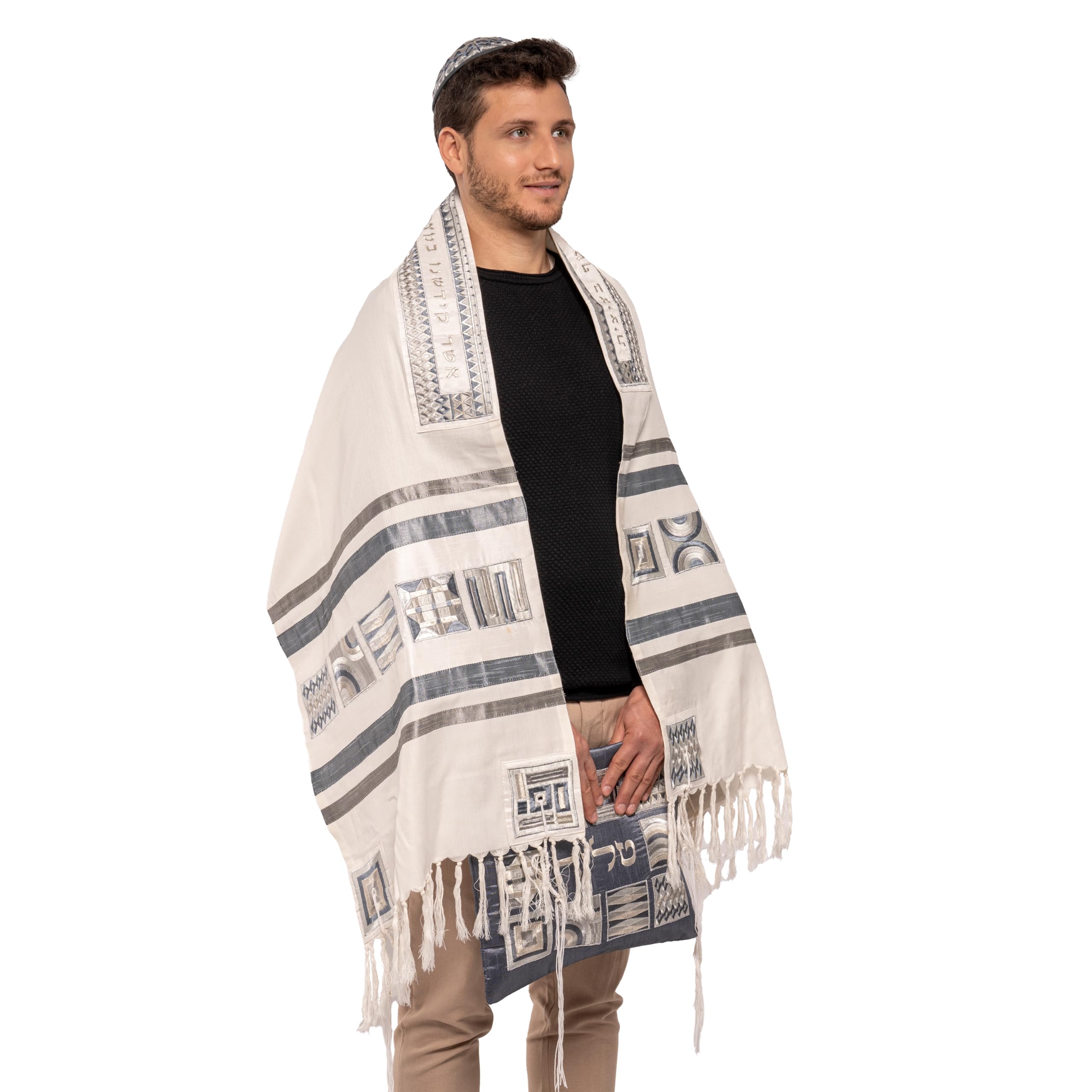 EMANUELYair Tallit Prayer Shawl Set with Yarmulke and Tallis Bag | Silk Embroidered Geometric Square Design
