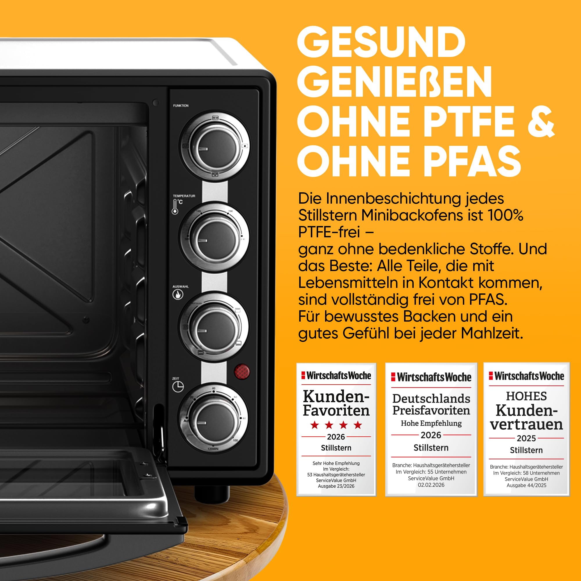 Stillstern Minibackofen mit Umluft 45L (DE Vers) Pizza Ø32, CYCLONE PRO+ Antihaftbesch, 13 Prog, Auftauen&Warmhalten, 8h Timer, Camping Mini Backofen mit Umluft Pizzaofen Mini Ofen klein Hähnchengrill