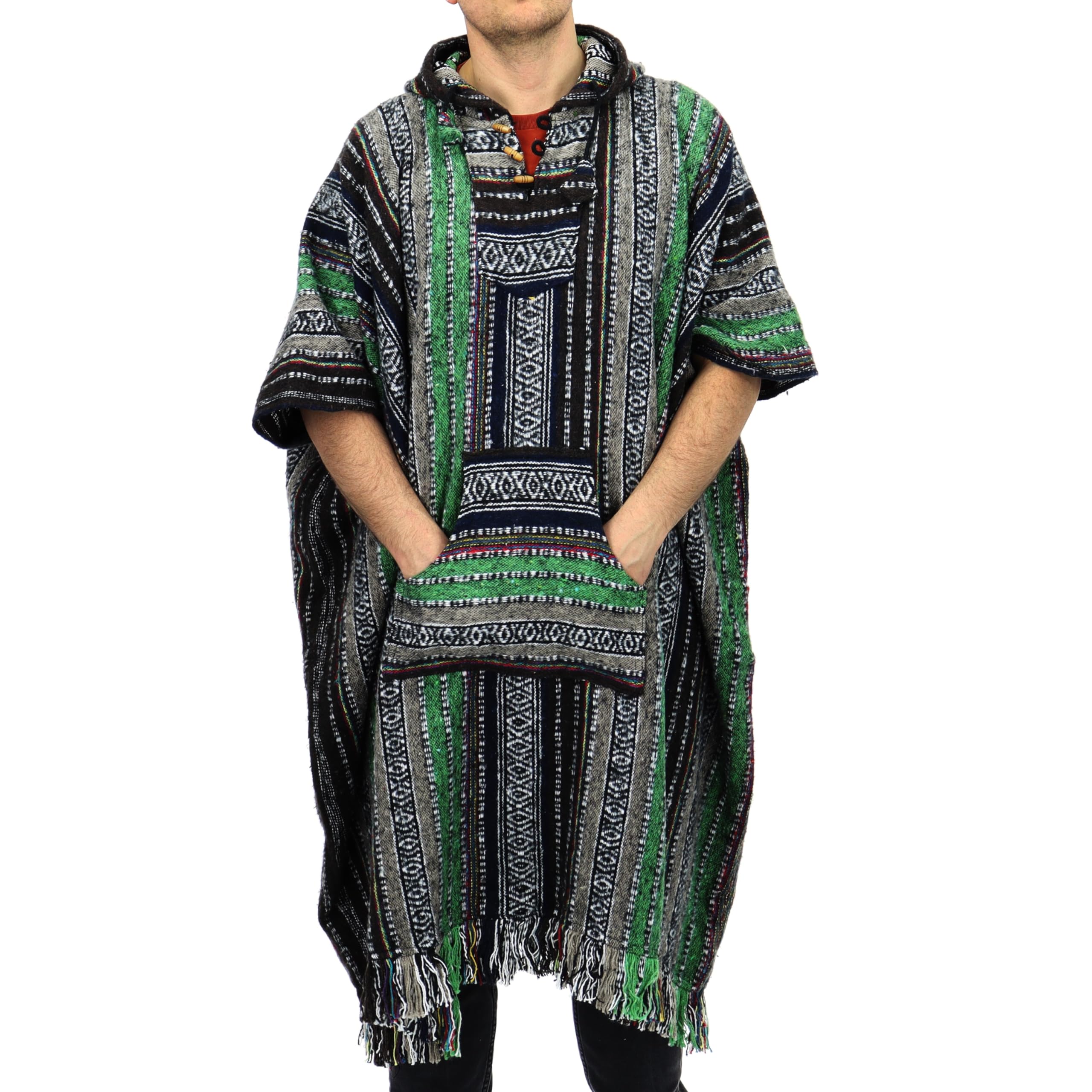 Loudelephant Unisex Green, Brown & Navy Brushed Cotton Long Hooded Poncho