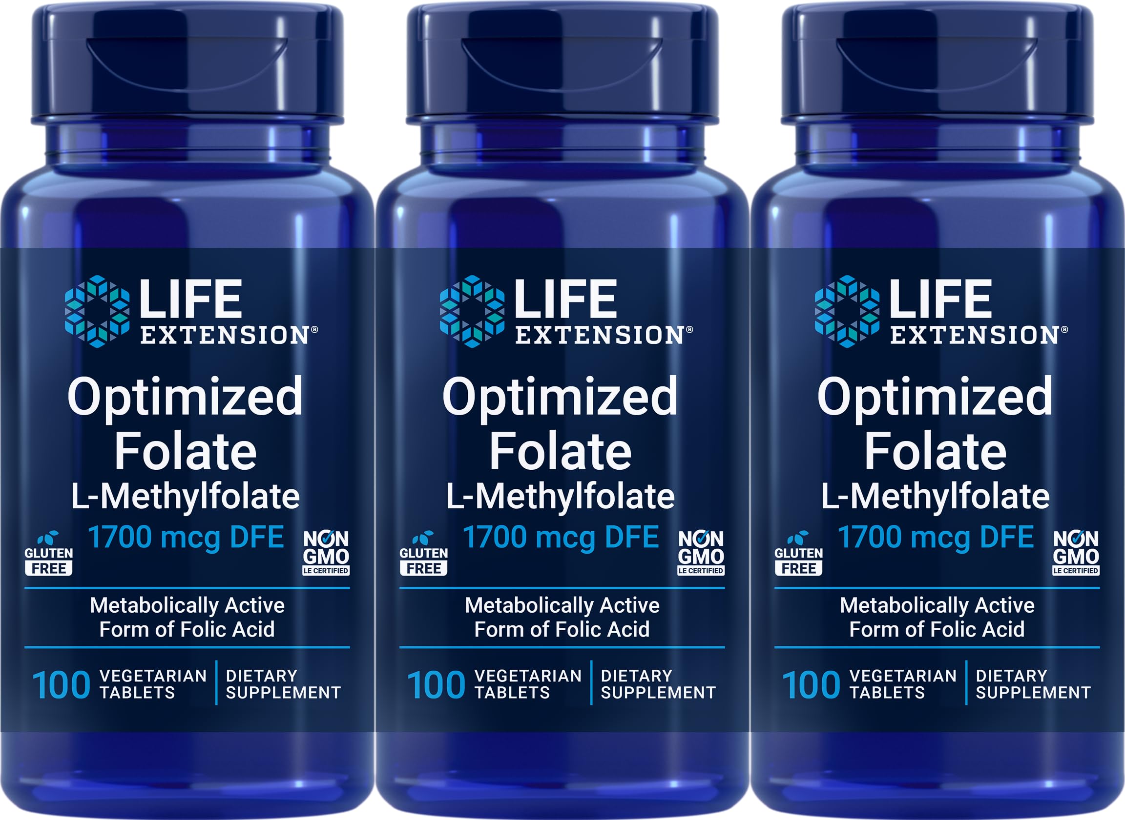 Life Extension Optimized Folate 1700 mcg DFE, 100 Vegetarian Tablets (Pack of 3)