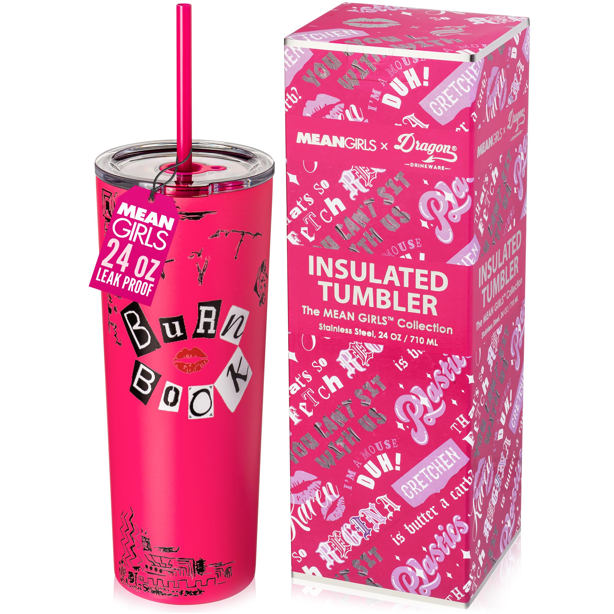 Dragon Glassware x Mean Girls Burn Book Tumbler with Straw & Lid, 24 oz | Vacuum Insulated Stainless Steel Tumbler with Straw & Lid; Double Walled Tumbler; Official Mean Girls Cup Mean Girls - Burn Book 24 Ounces