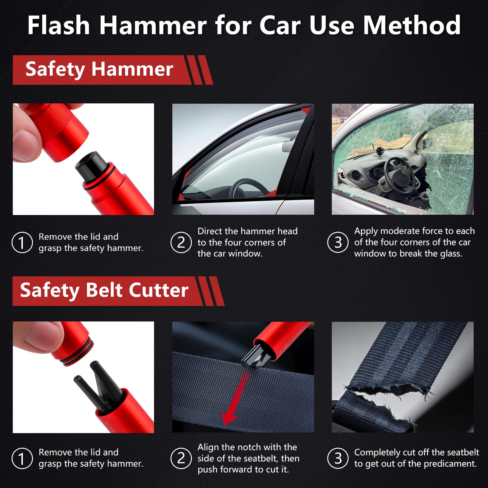 MOXYOY 2-Pack Car Escape Tool, 2-in-1 Window Breaker and Seat Belt Cutter with Holders, Emergency Car Safety Hammer for Vehicle Emergency Kits, Red — view 5