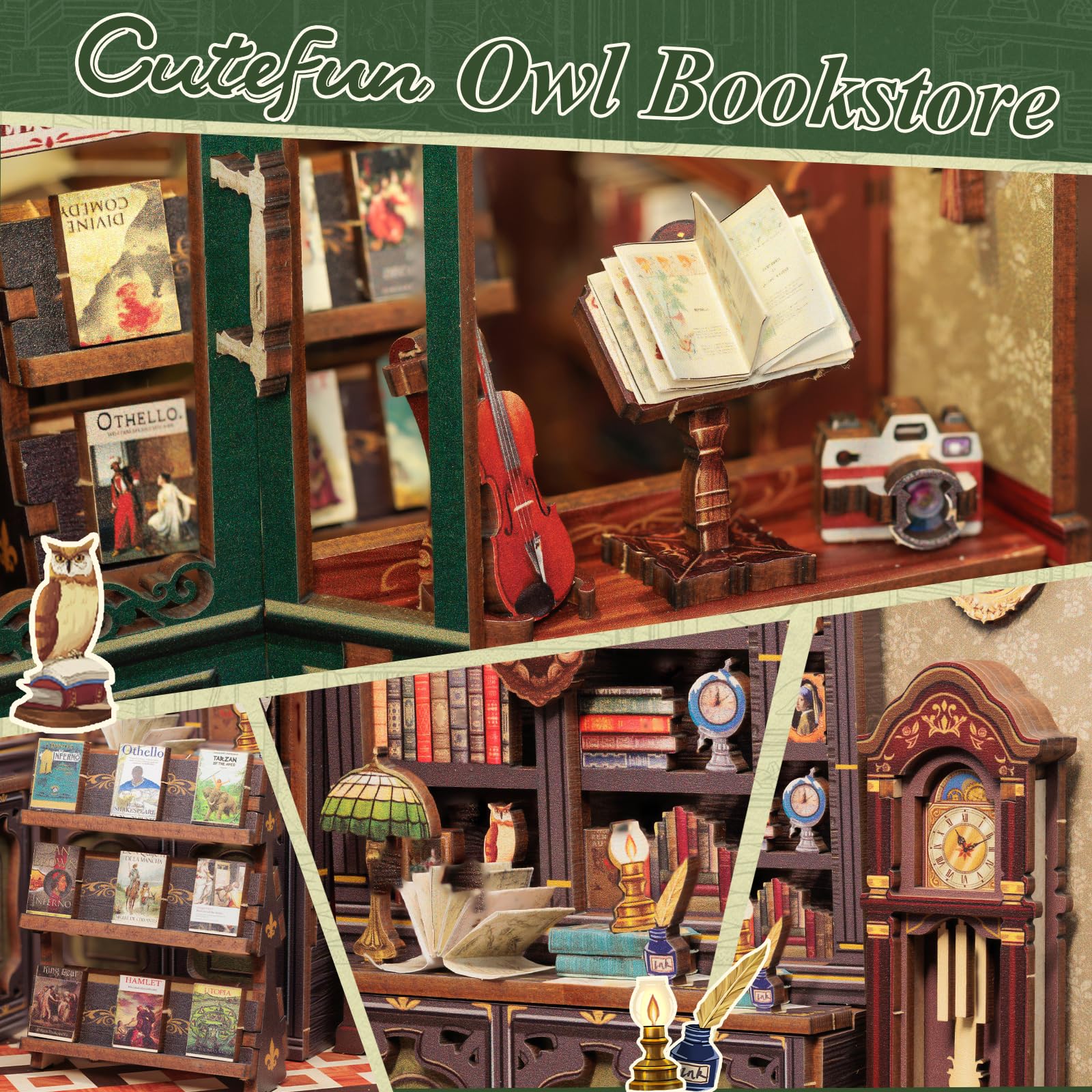 Cutefun Book Nook – 3D-Holzpuzzle für Erwachsene, 139-teiliges Miniatur-Haus Bausatz, DIY Bücherregal-Deko, 3D Puzzle, Geschenk für Frauen, Teenager & Buchliebhaber – OWL Bookstore