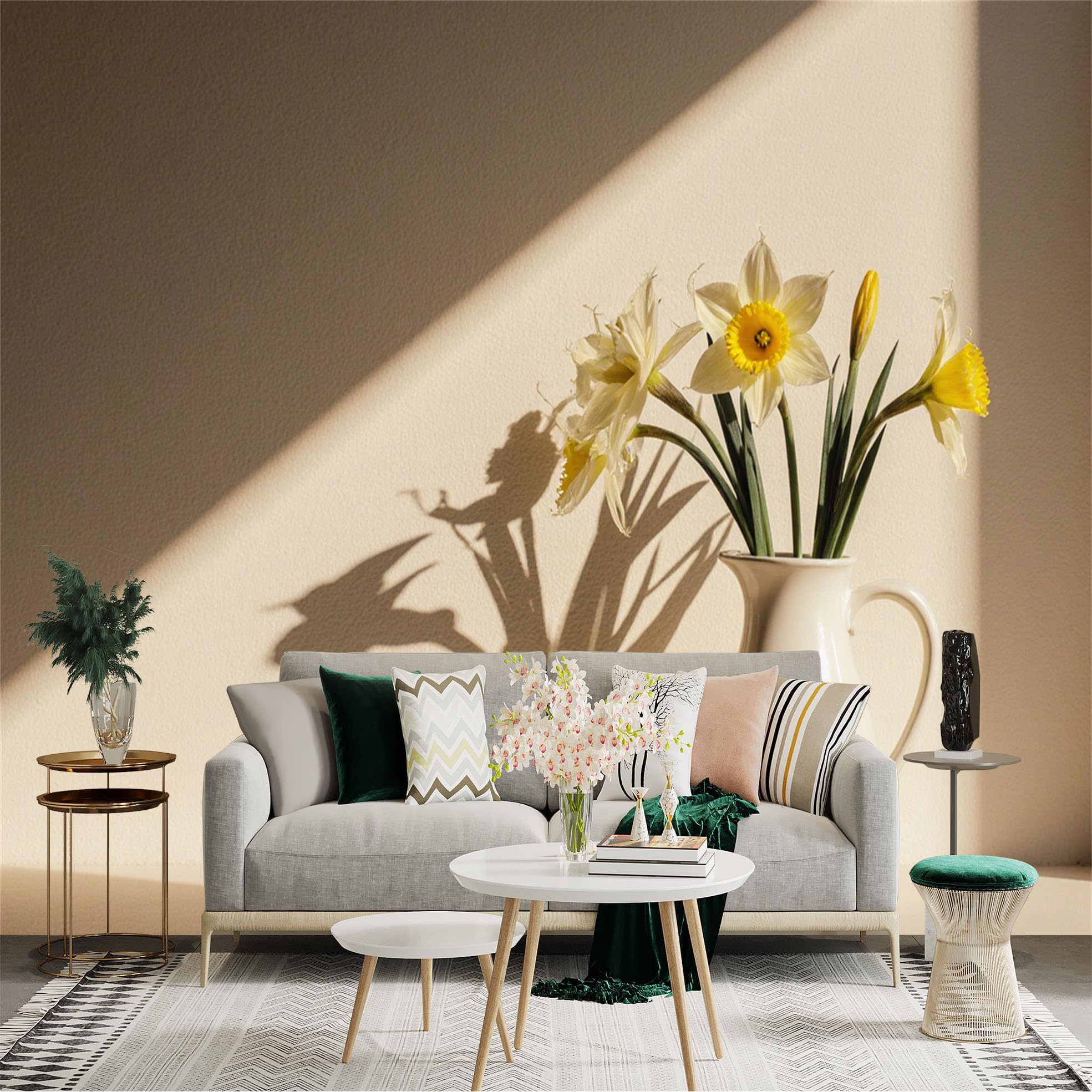 Custom Size Wall Sticker Mural， White Pitcher with Yellow Daffodils， Elegant Floral Still Life， Sunlight and Artistic Shadows， for wall Decoration， peelandstick wall Decals.