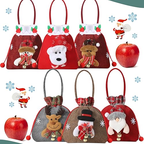 Shinylin 6 bolsas de regalo de Navidad con cordón para muñecas de Navidad, bolsas de regalo reutilizables de tela de Papá Noel, ciervo, Nochebuena,