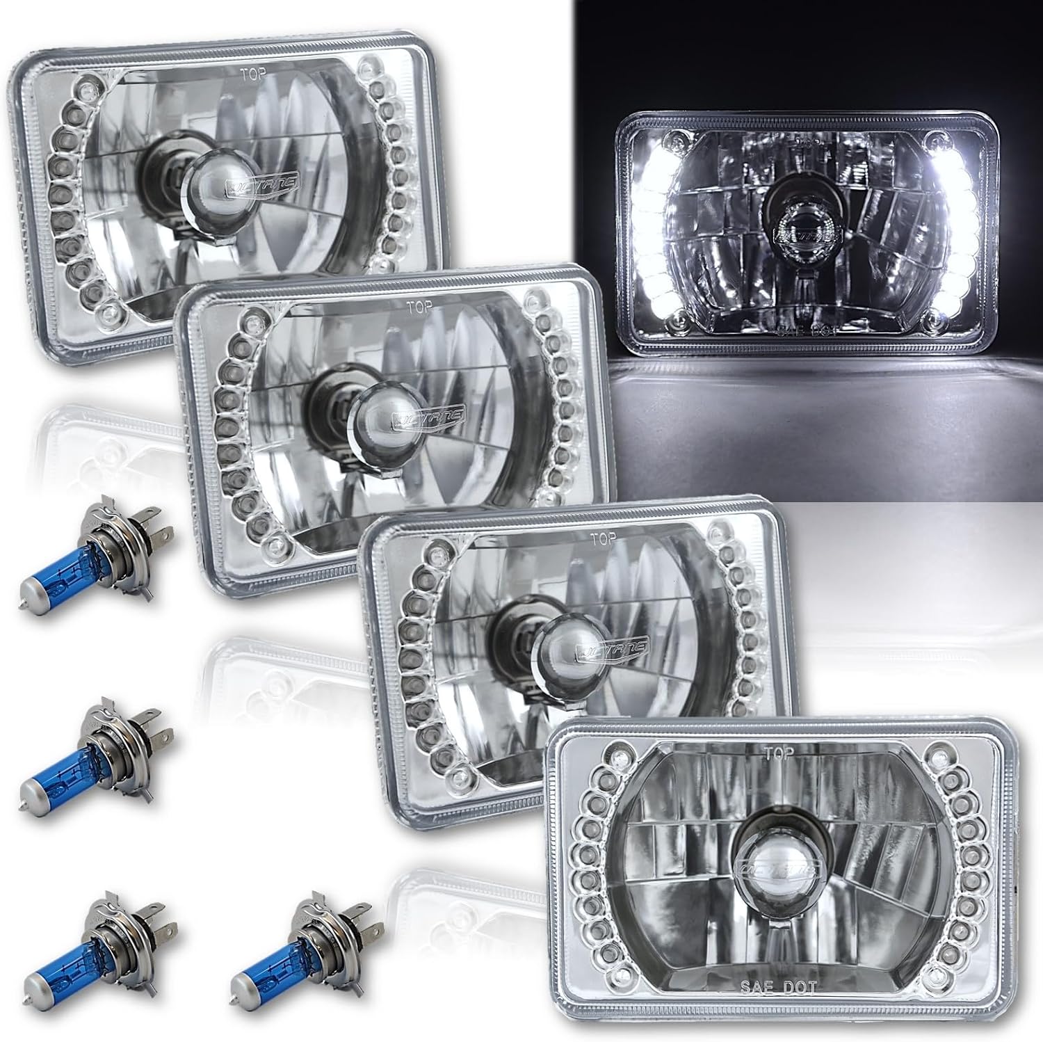 Octane Lighting 4X6 White Led Halo Projector Halogen Headlight Headlamp Bulbs Crystal Clear Set