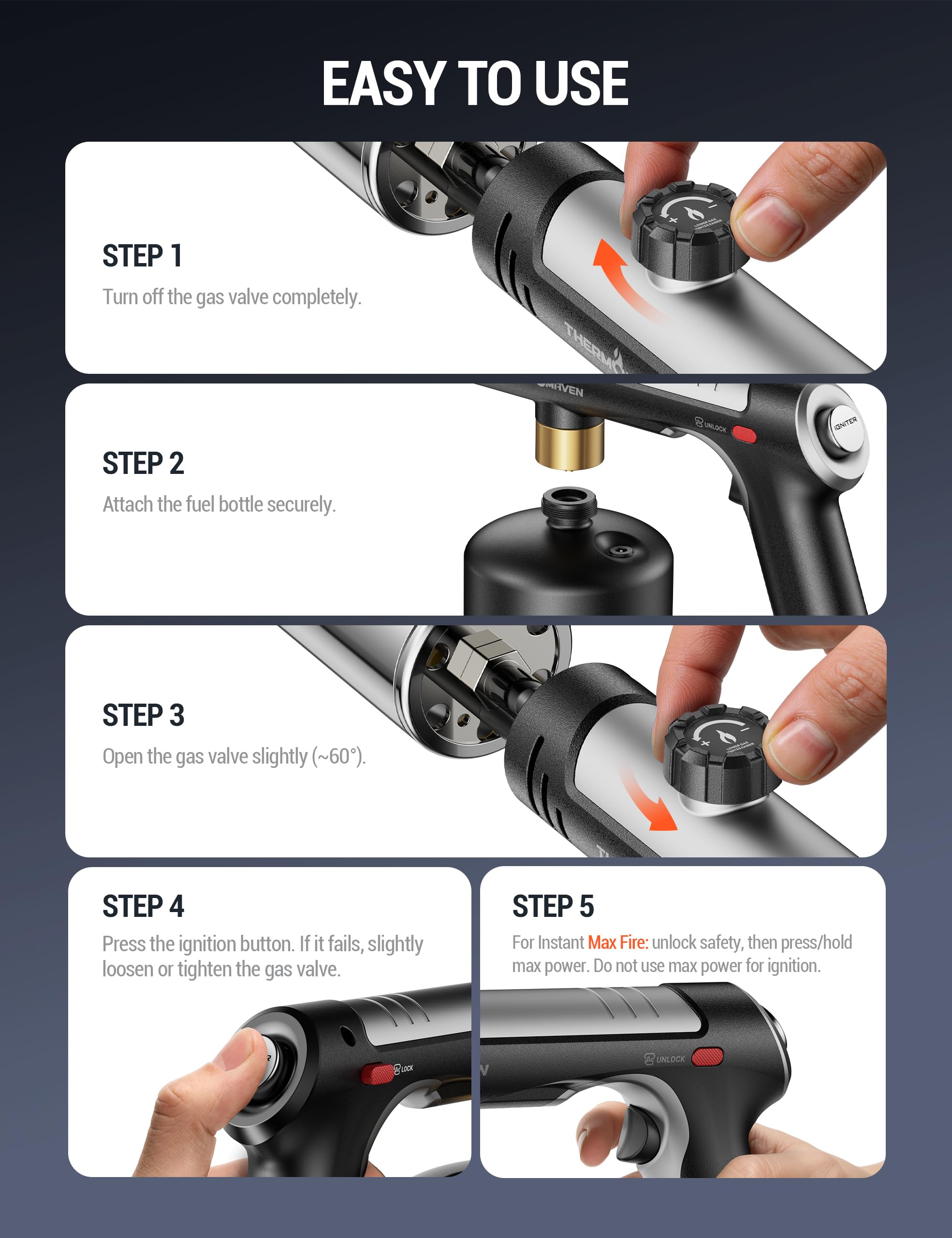 ThermoMaven Torche au propane avec feu One-Touch Max, pistolet de cuisson avec verrou de sécurité, briquet à charbon, lanceur de flamme, tête de torche de cuisine pour grill, sous vide, barbecue