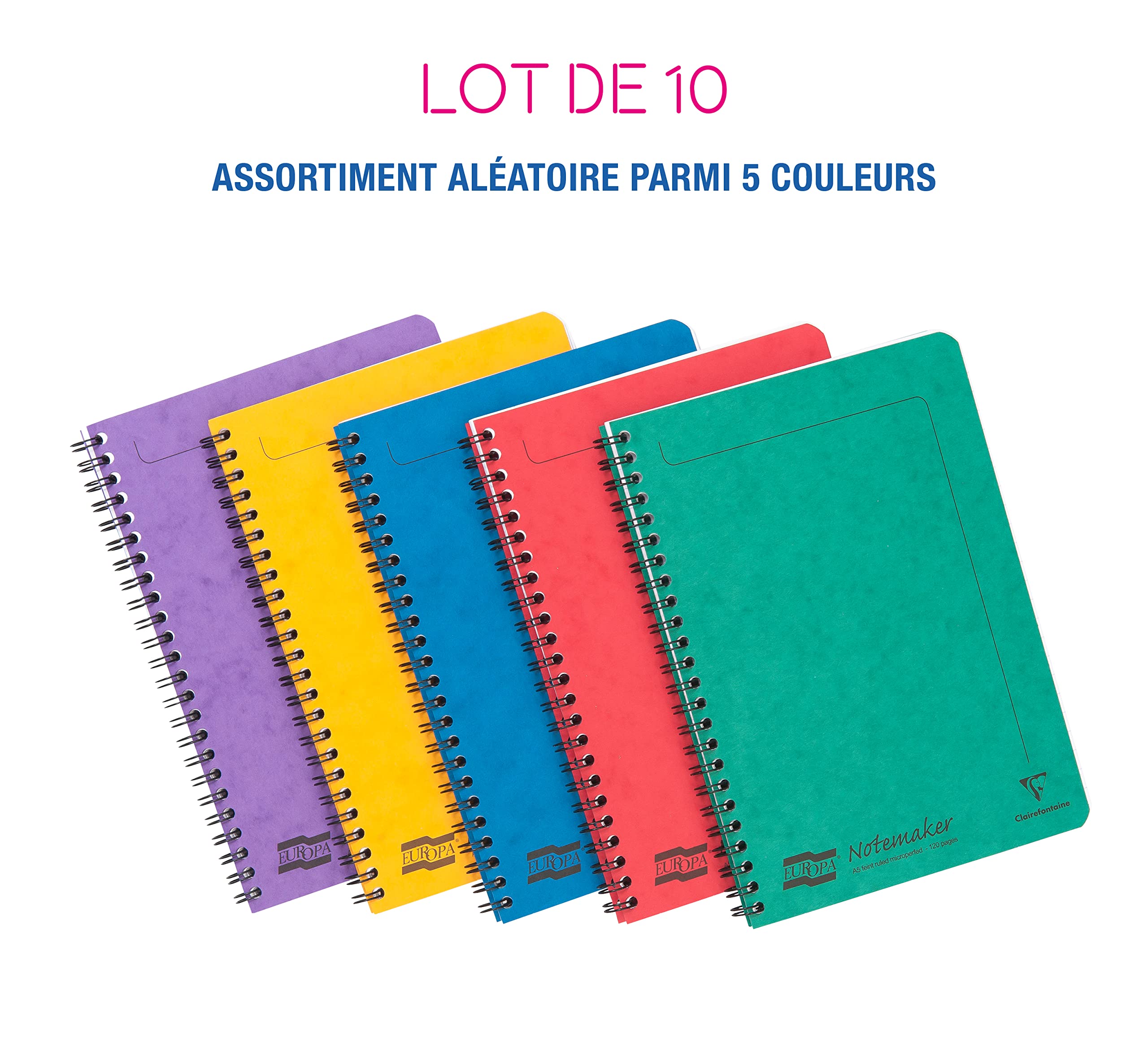Clairefontaine 4849Zpack - Lot de 10 Cahiers à Spirale Notemakers Europa - A5 14,8x21 cm - 120 Pages Détachables Petits Carreaux - Papier Blanc 90 g - Couvertures Carte Lustrée - Couleurs Aléatoires