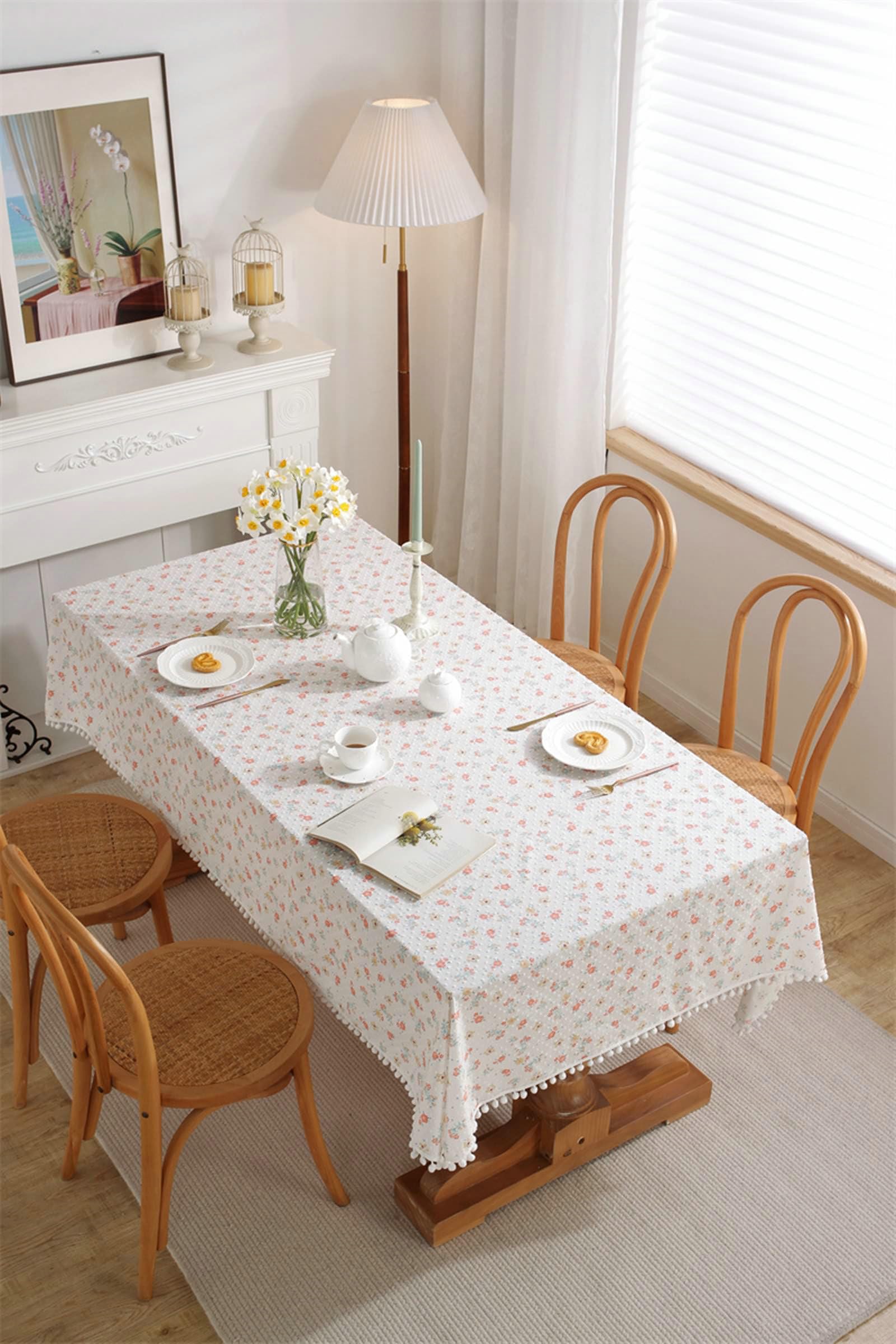 Gualiy Manteles Tela Mesa Rectangular, Algodón Manteles de Mesa de Tela 140x220CM Mantel de Cocina Lavable Flores Estampadas con Bolas Manteles para Mesa de Centro, Rosa