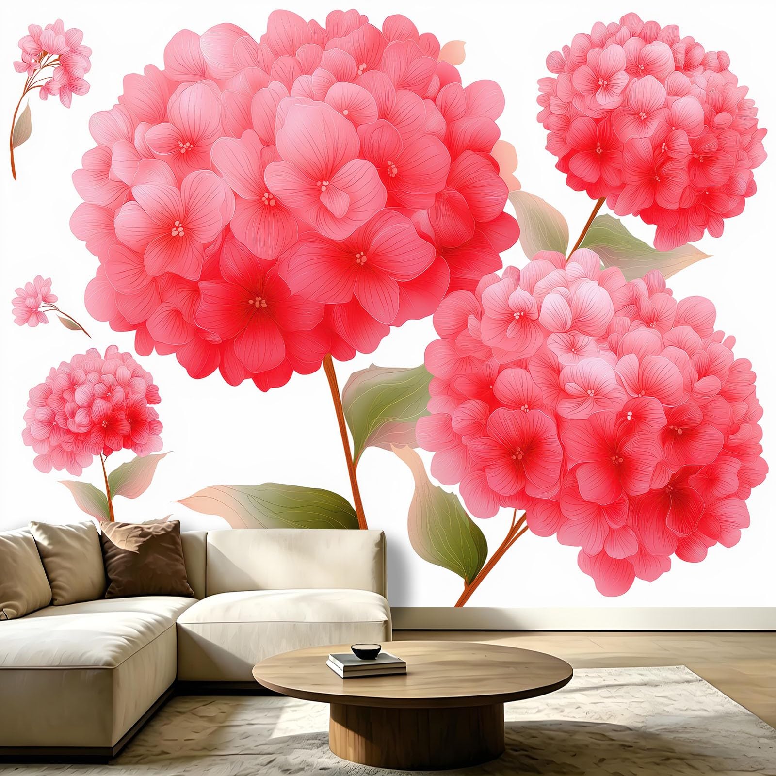 Générique Papier Peint Panoramique Cartoon Floral, 350 x 256 cm Groupe D'Hortensias Gros Plan, Grande Mural, pour Salon Chambre d'enfant Chambre Décoration Poster Papier Peint