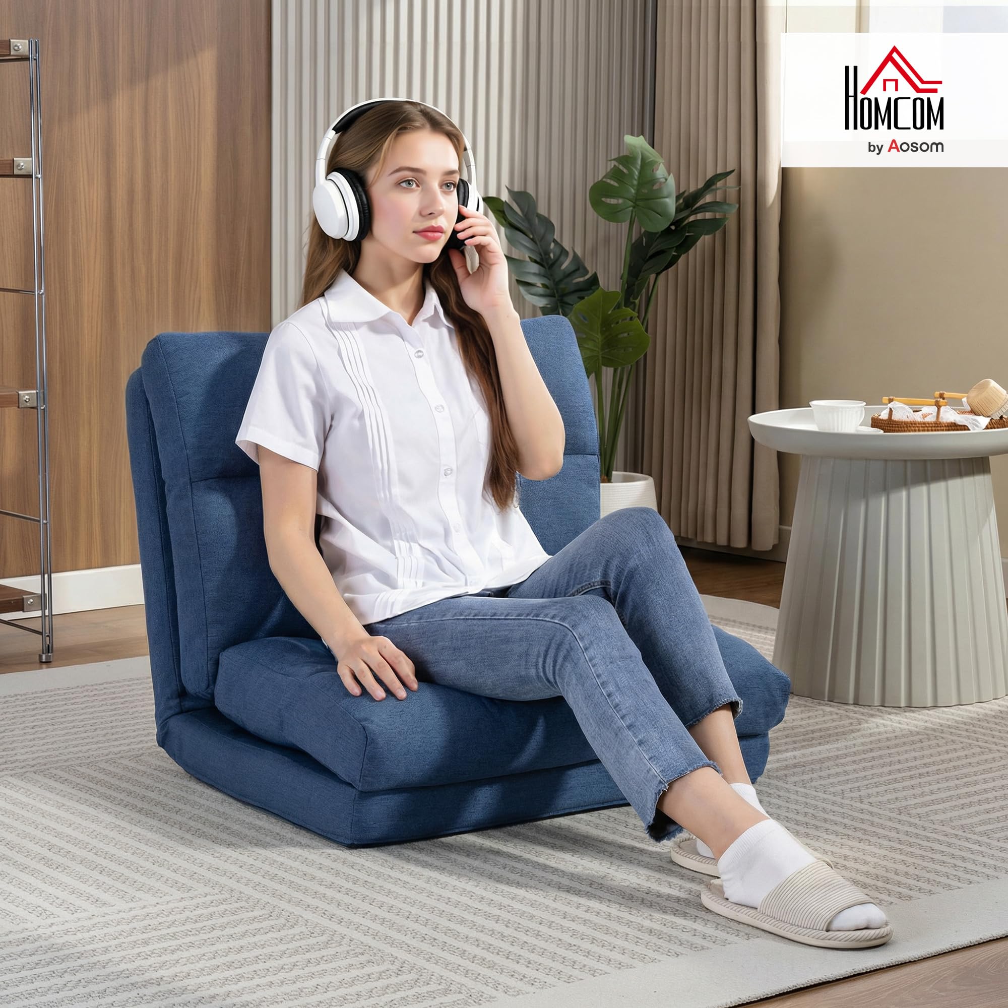 HOMCOM Canapé Paresseux Chauffeuse 1 Place, Fauteuil Paresseux Convertible en Lit, Fauteuil Salon avec Dossier Inclinable sur 5 Positions, Charge 120 kg, pour Salon Chambre Bureau, 70x72x56cm, Bleu