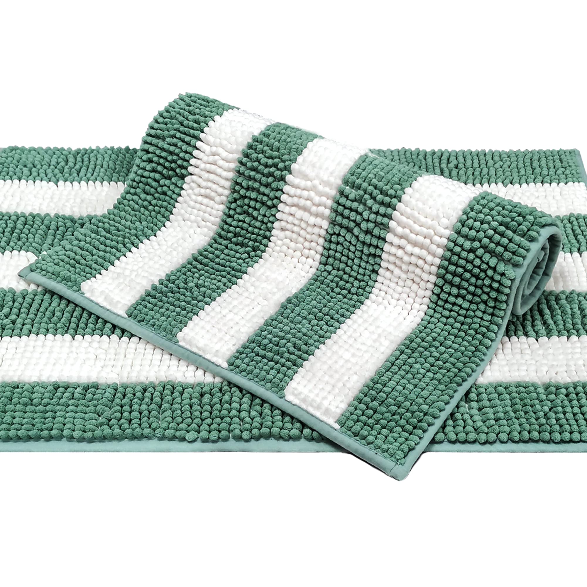HMX Super Cozy Shag Chenille Bath Rugs 19"x31" Stripe Pattern Machine Washable Microfiber Plush Bathmat Ultra Absorbent Mat with Non Slip Backing for Bathroom (Green X2)