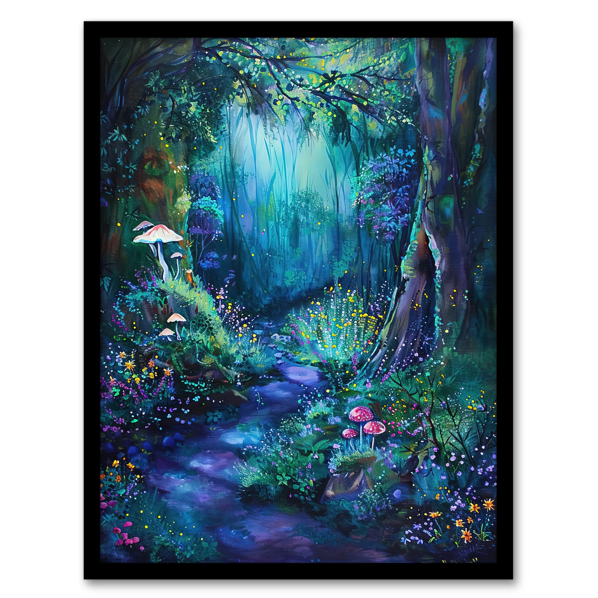 Artery8 Enchanted Forest Bioluminescent Fantasy Magical Framed Art Print - Blue - A4 Size