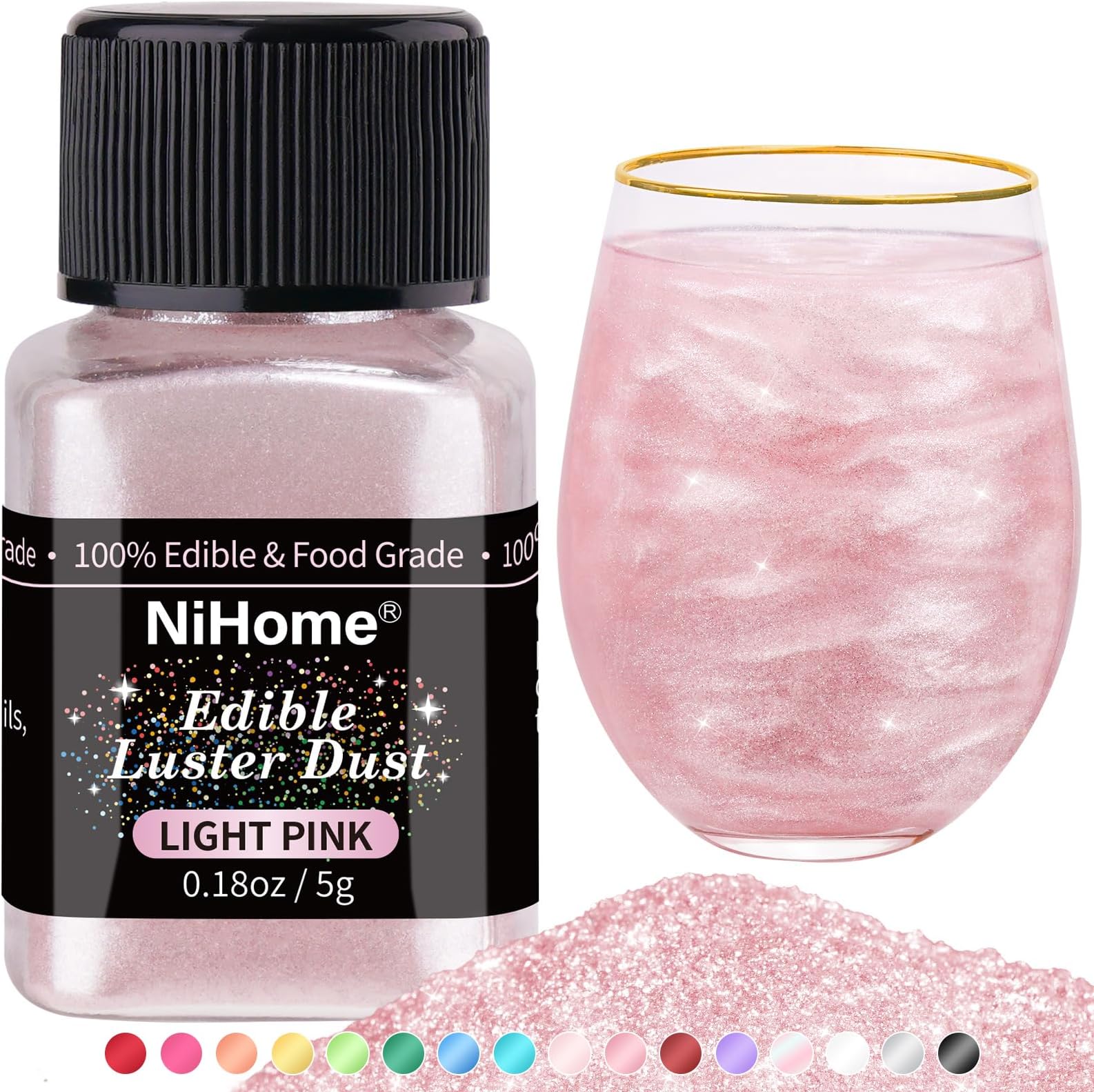 NiHome Edible Luster Dust Glitter Powder Metallic Food Decorating Sprinkle Glimmery Brew Dust for Drink Wine Beverage Cake Dessert Home Bakery Restaurant Vegan Allergen-Free (Light Pink, 5g/0.18oz)