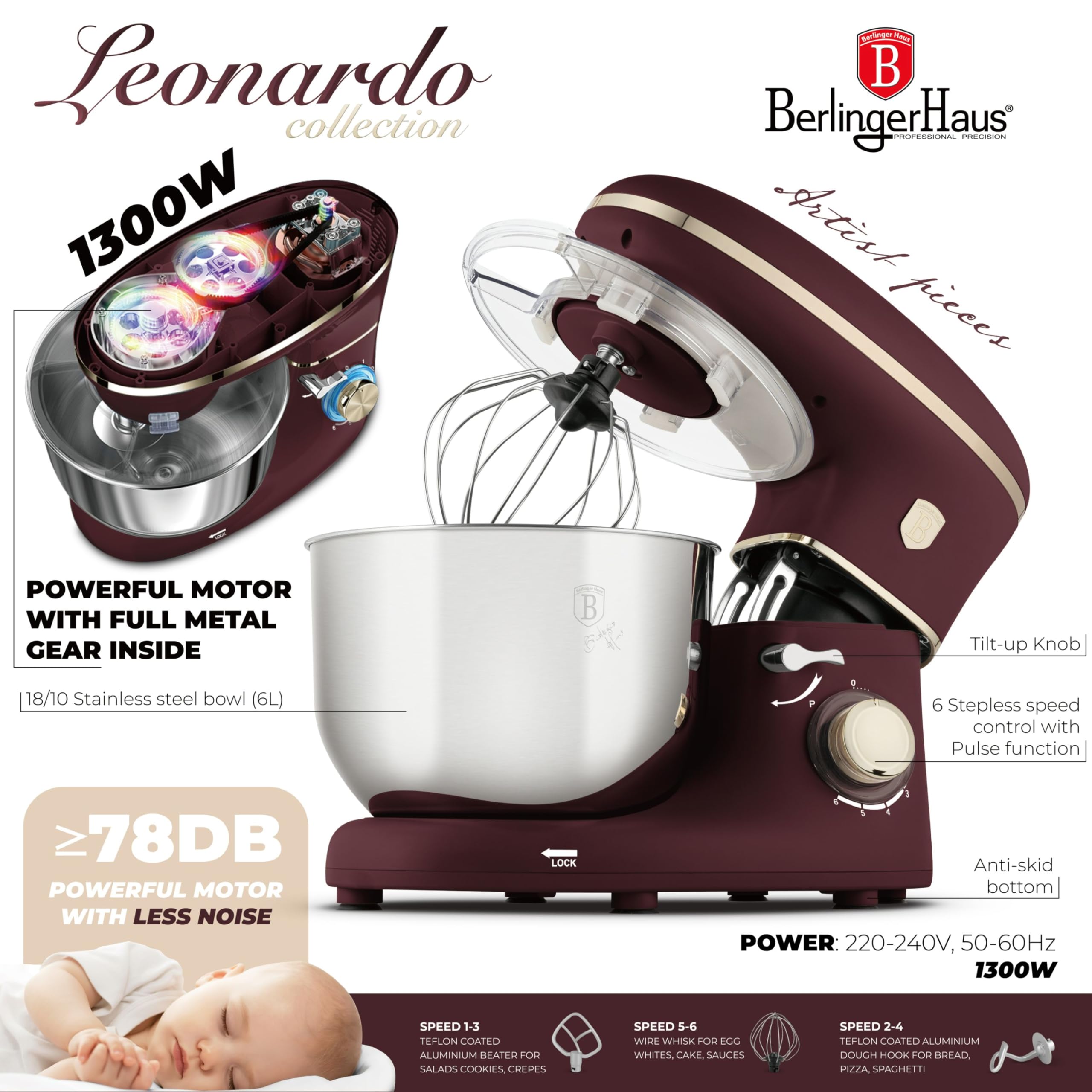 Berlinger Haus Leonardo Collection Robot kuchenny z miską ze stali nierdzewnej, 6 l, 1300 W, 6 biegów, z funkcją pulsu