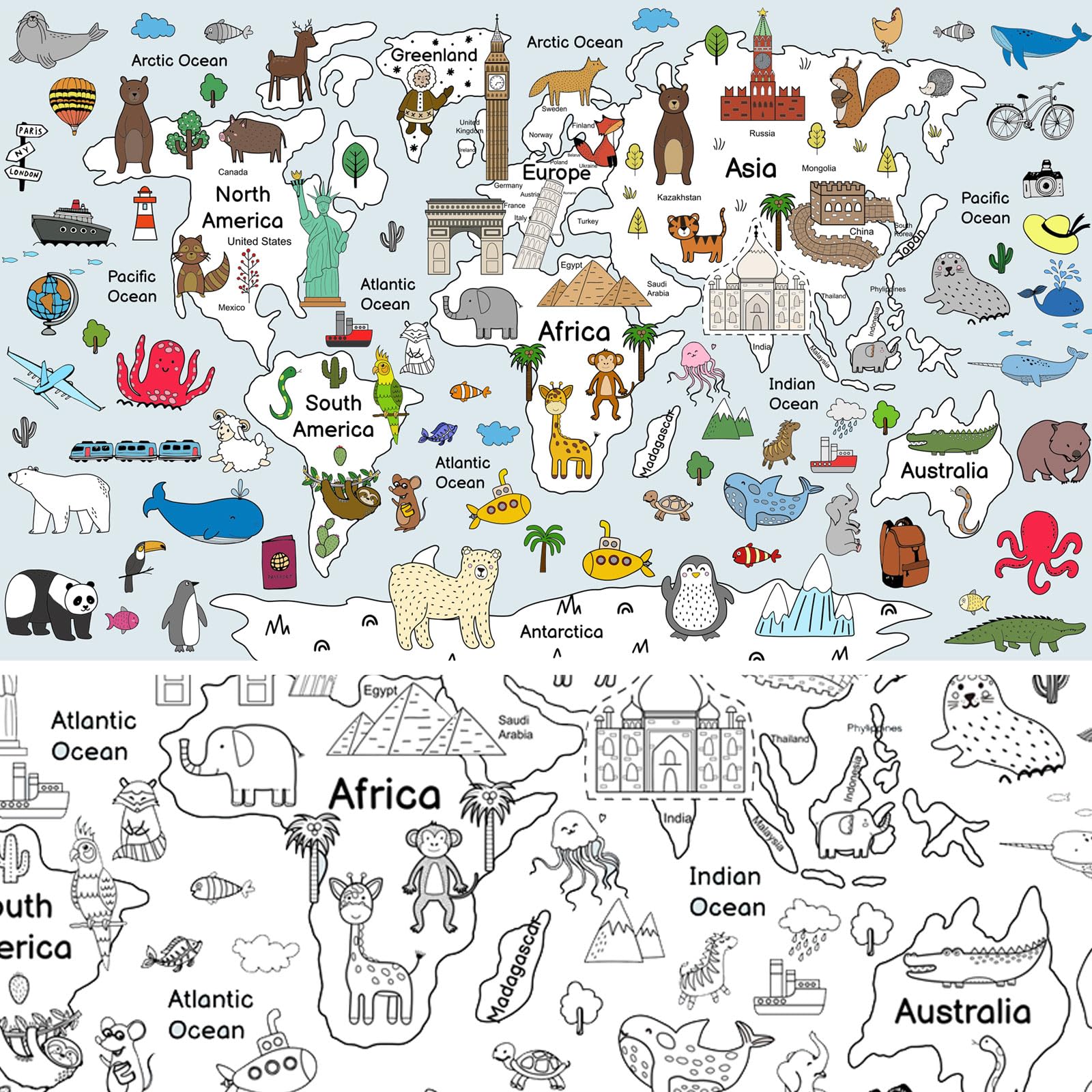 32*54" World Map Coloring Poster Wall Doodle Art Continents Coloring Education Poster Geography Coloring Tablecloth for Classroom Birthday Party Family Friendly Activity Travel Enthusiasts