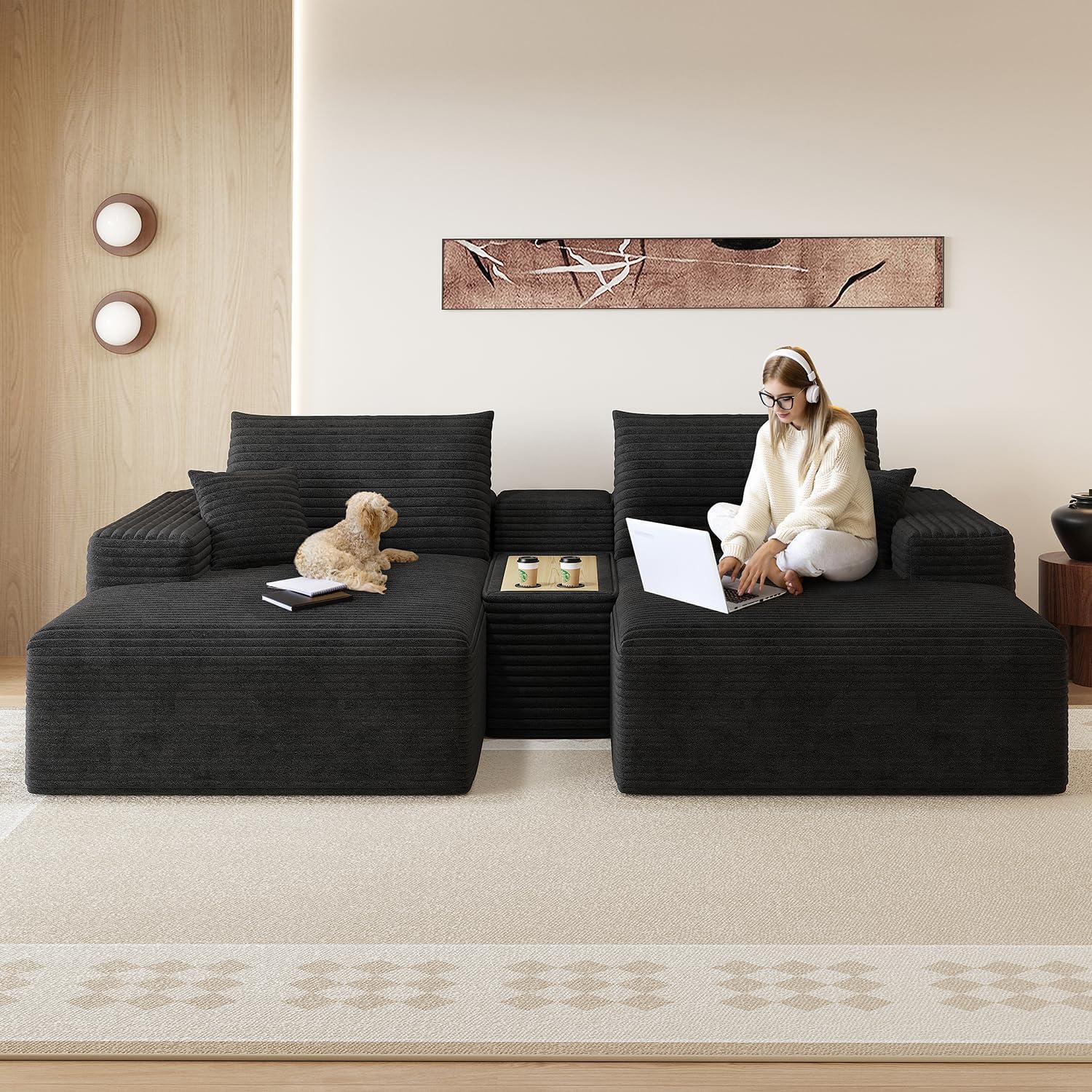 91''Oversized Double Lounge Chaise Sofa Bed with Side Table, Boneless Cloud Couch Deep Seat, No Assembly Required, Modern Corduroy Sleeper Loveseat Chair for Living Room Bedroom Reading(Black)