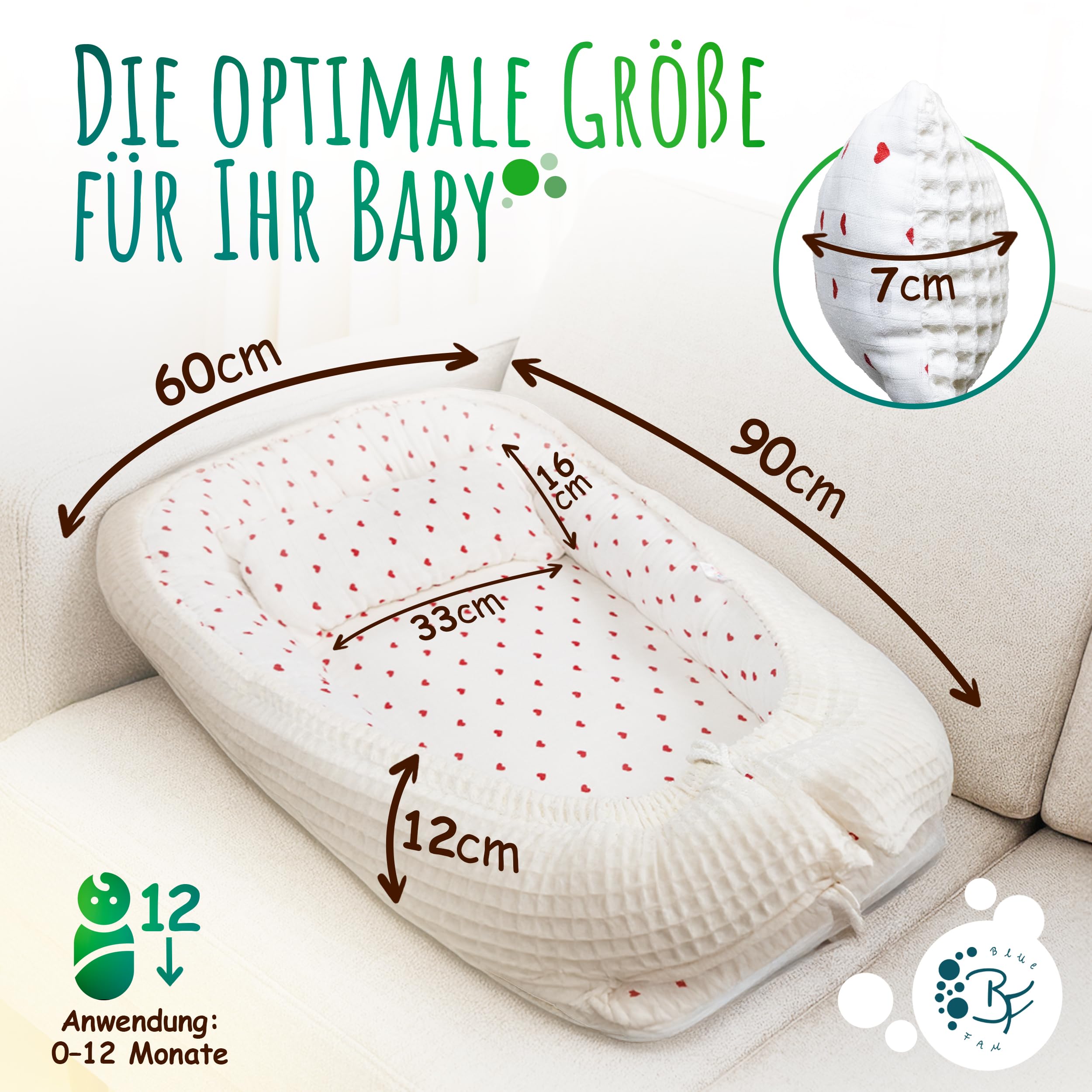 Babynest aus 100% Musselin und Piqué-Baumwolle– Maschinenwaschbares babynestchen, Oeko-TEX® Zertifiziert, Baby Kuschelnest & Reisebett für Neugeborene, zweiseitig verwendbares Nestchen