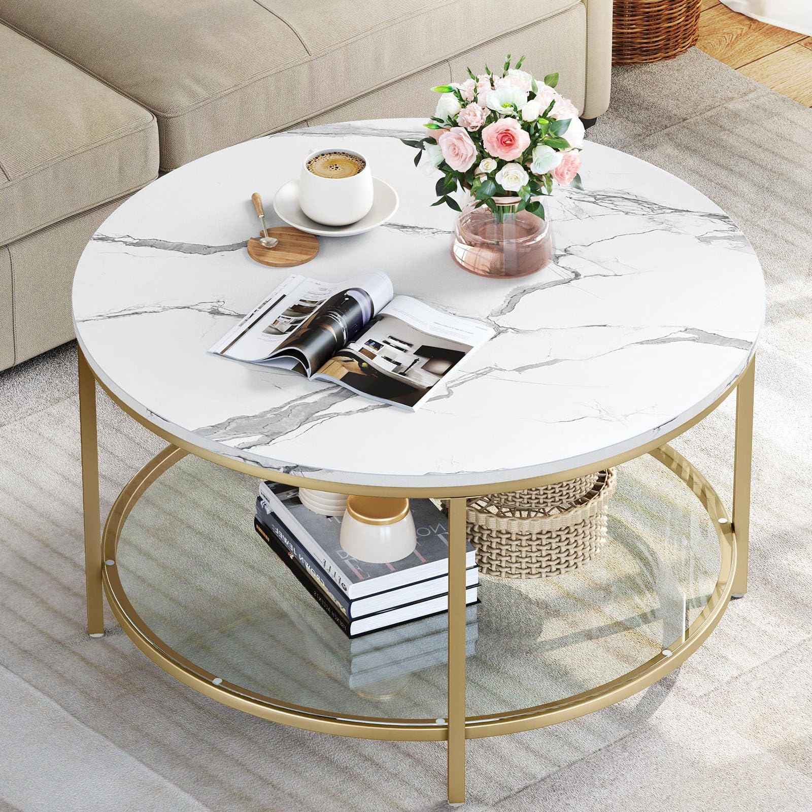 HOOSENG Living Room Coffee Table Set of 3, Faux Marble Coffee Tables