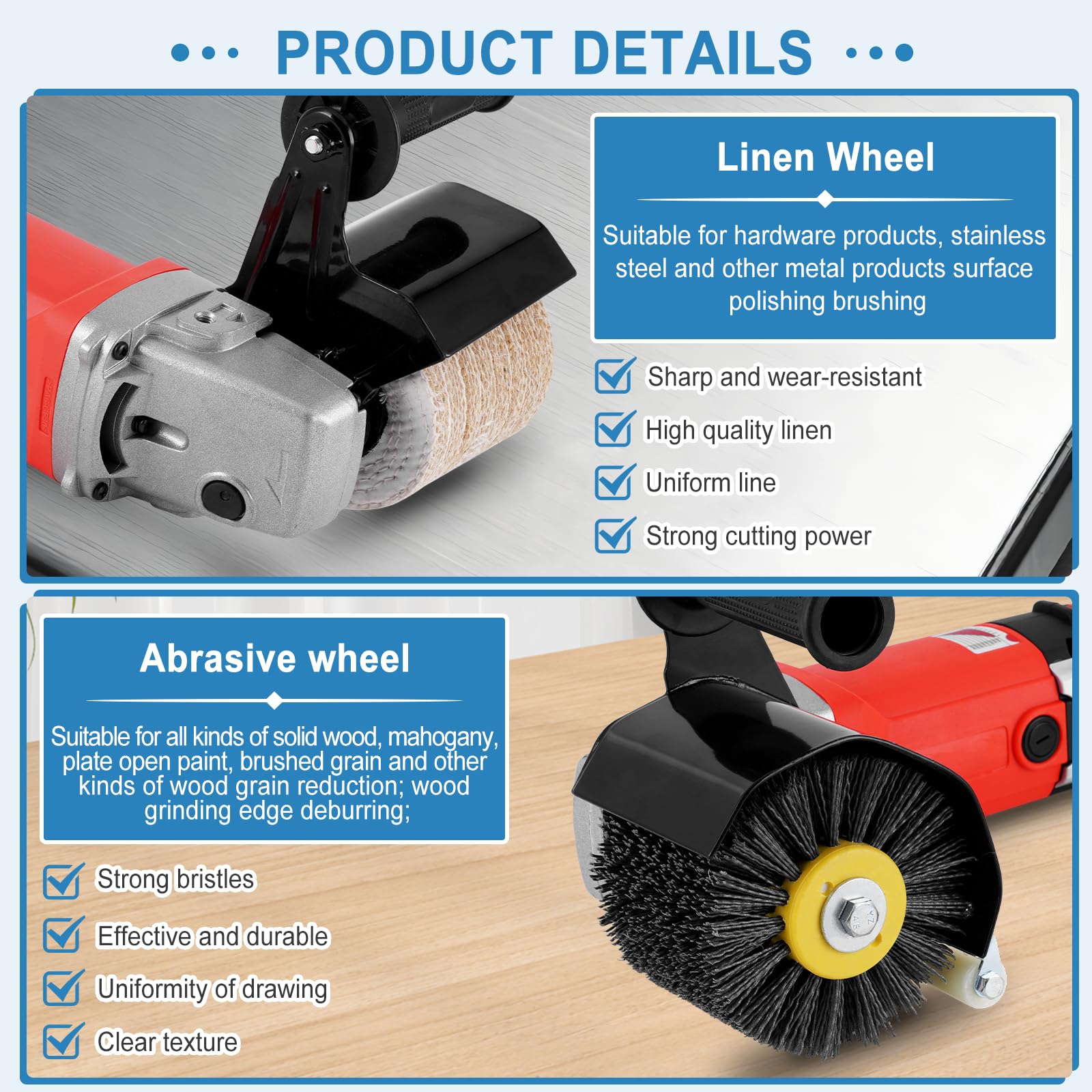 2800W Elettrica Lucidatrice per Trafilatura 8 Velocità regolabile Spazzolatrice Legno Smerigliatrice a Rulli Elettrica Smerigliatrice per rasatura con 1 * ruota filo abrasivo e 1 * ruota di lino (eu）