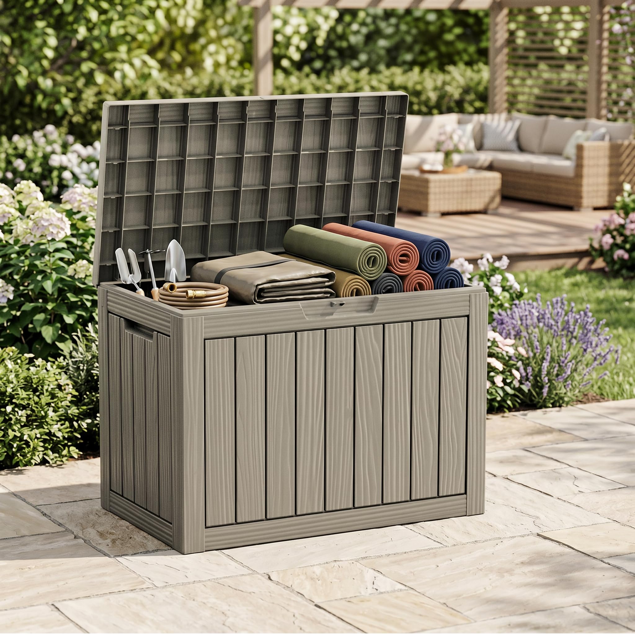 46 Gallon Deck Box for Patio Furniture, Outdoor Storage Container Heavy Duty UV Resistant with Lockable Lid, Large Waterproof Resin Deck Box for Garden Tools &amp; Cushions, 300 lbs Load Capacity
