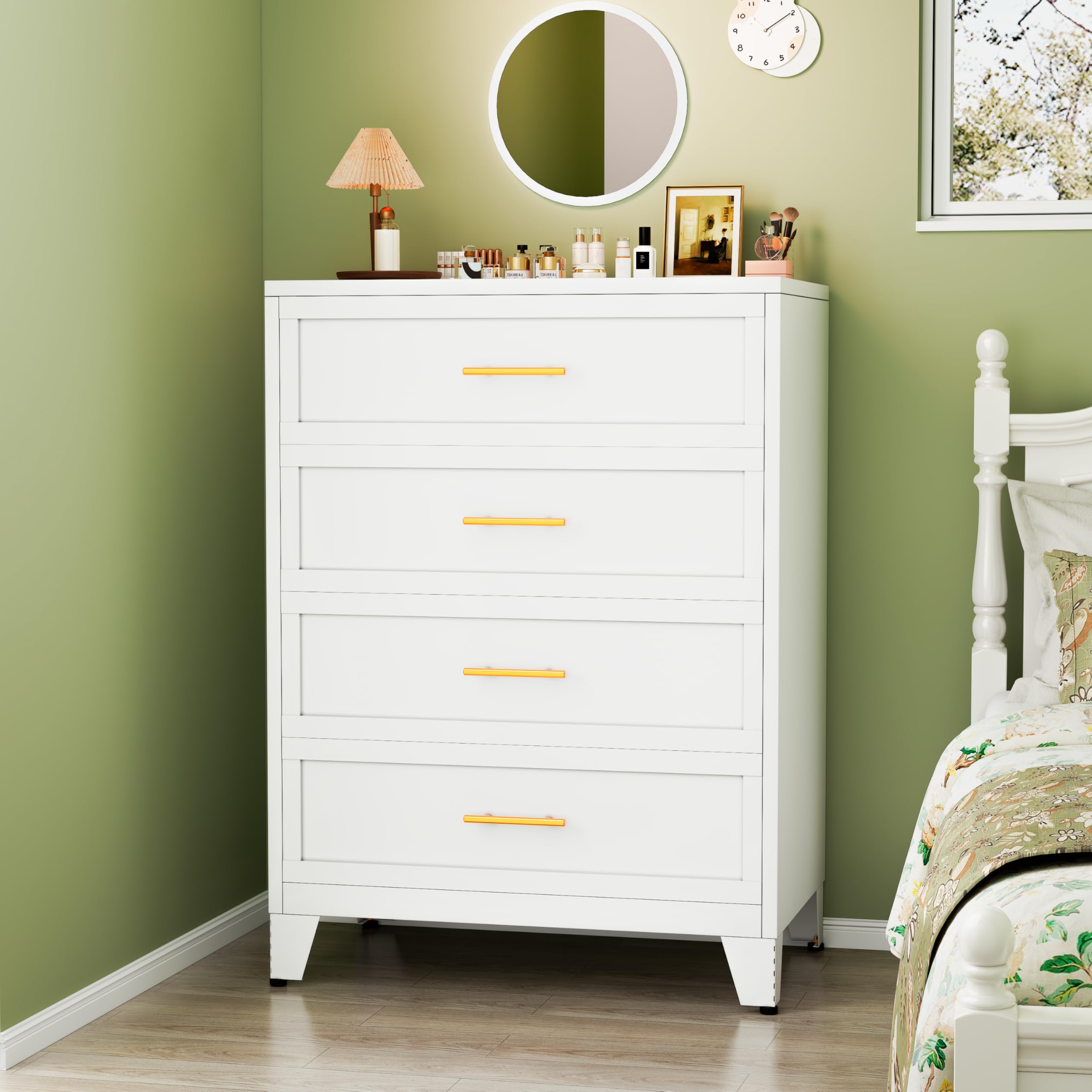winiowa White 4 Drawers Dresser for Bedroom, Metal Dresser & Chest of Drawers, 43.1" H Tall Storage Cabinet Drawers Organizer with Large Storage Space