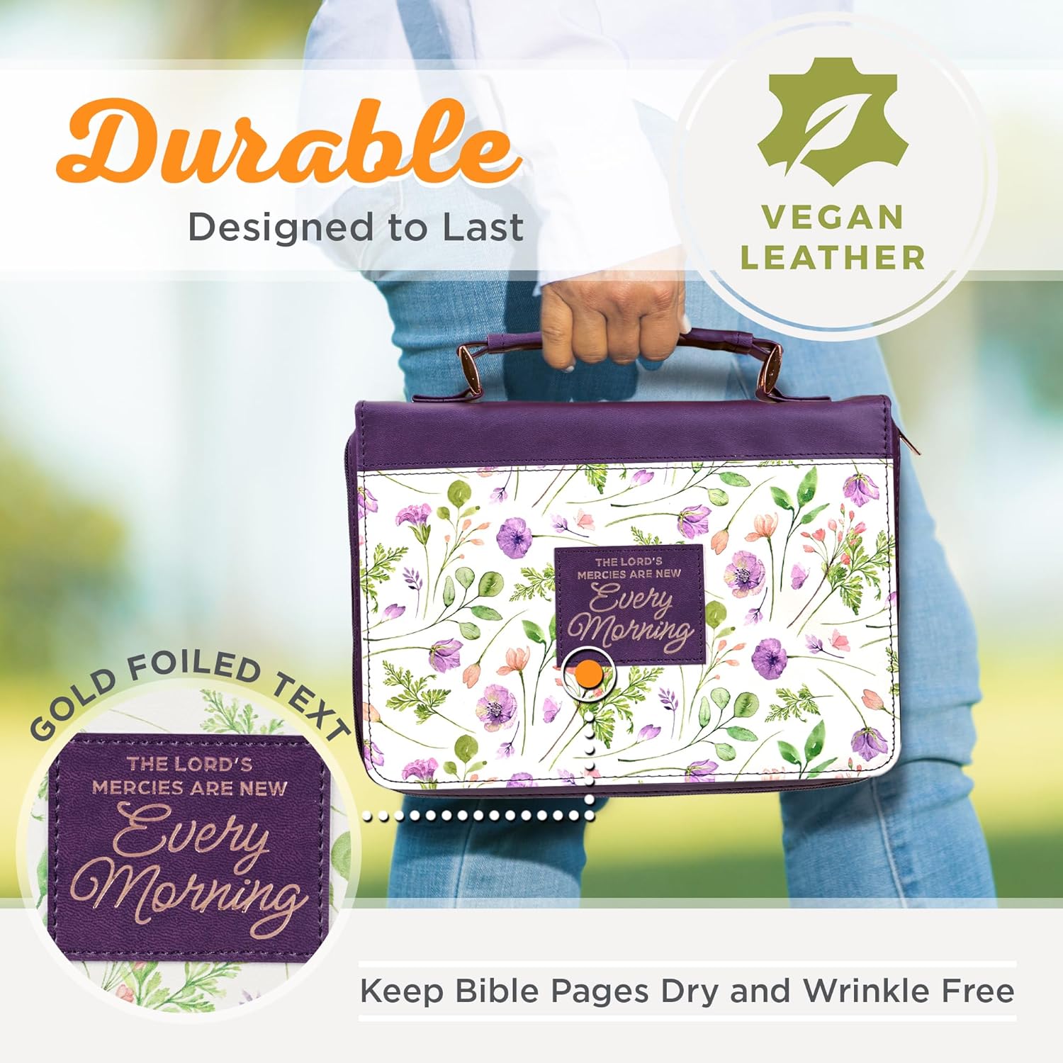 Christian Art Gifts Fashion Vegan Leather Bible Cover for Women: Blessed - Inspirational Bible Verse, Sturdy Easy Carry Book Case w/Pen Loops, Purple, Large